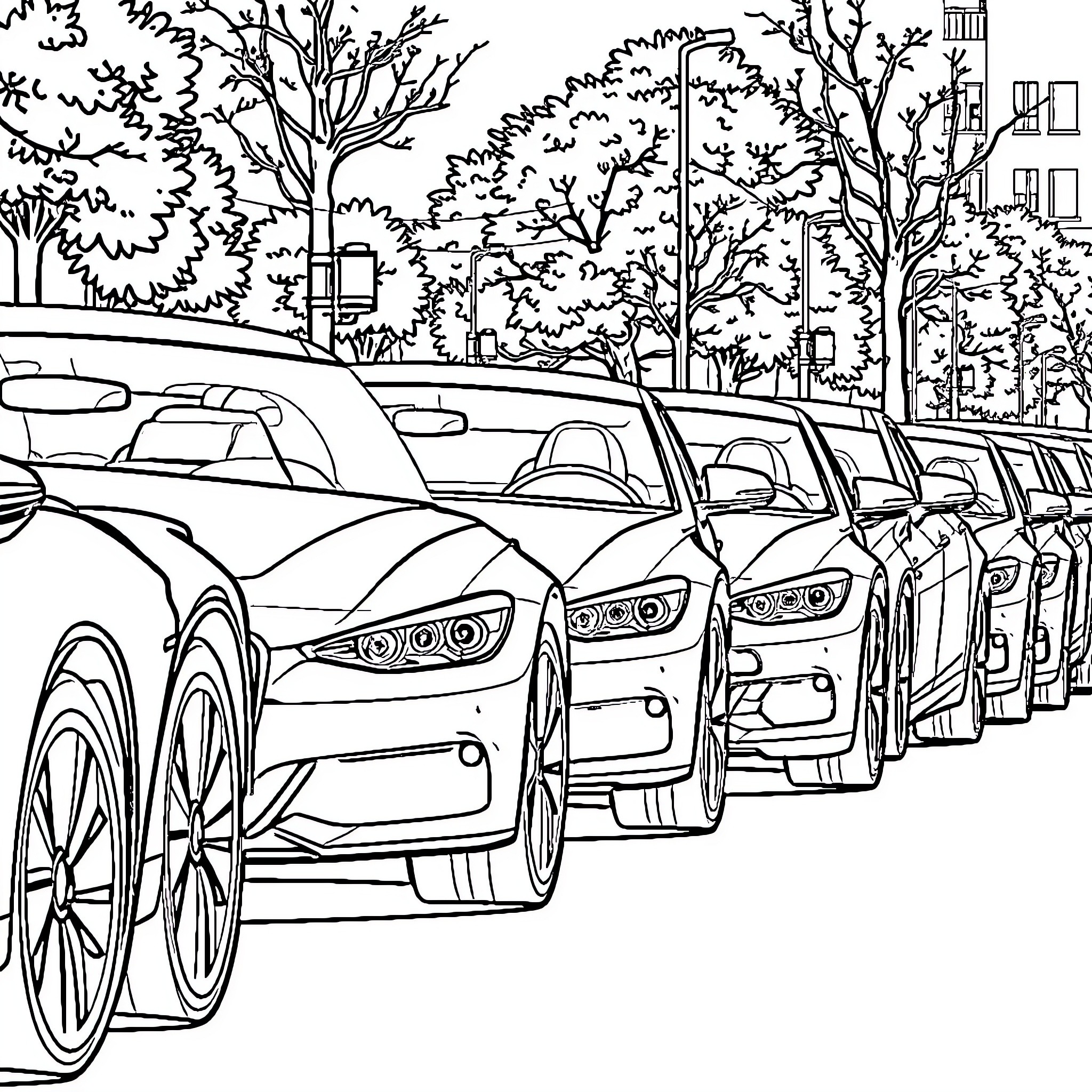 Car line on a city street Coloring Page (free black-and-white line drawing printable PDF for all, from beginners to advanced learners, including children, teens, adults, and seniors)