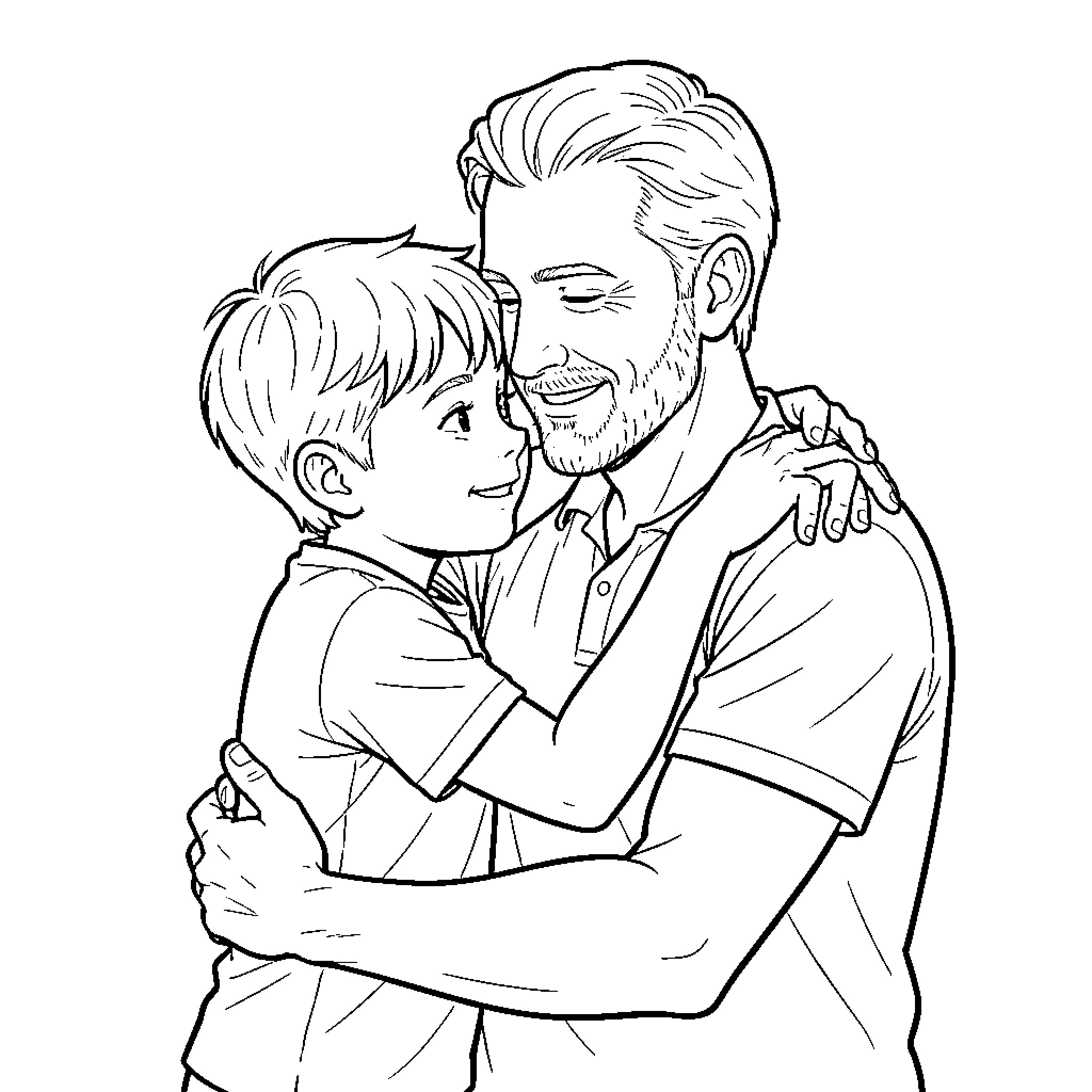 Son hugging his father with love and care Coloring Page (free black-and-white line drawing printable PDF for all, from beginners to advanced learners, including children, teens, adults, and seniors)