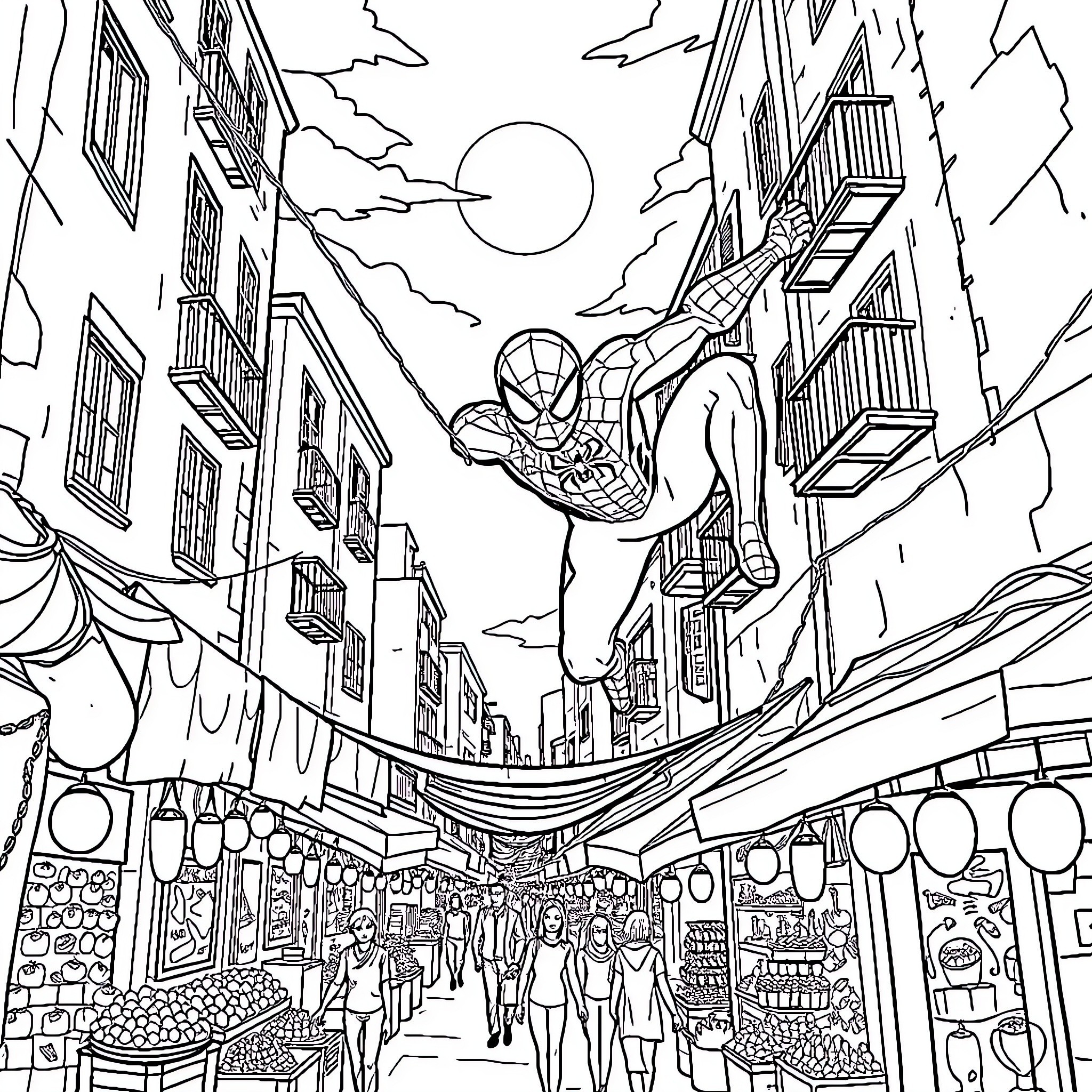 Spiderman swinging through a bustling city street Coloring Page (free black-and-white line drawing printable PDF for all, from beginners to advanced learners, including children, teens, adults, and seniors)