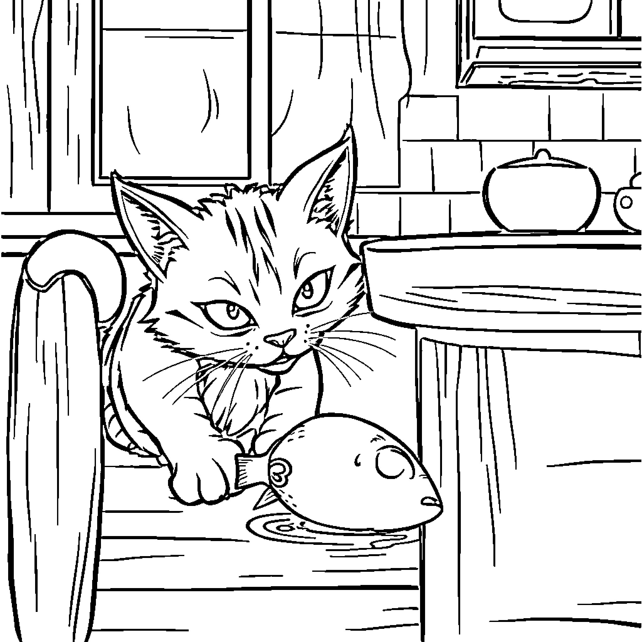 Cat inspecting a fish in the kitchen Coloring Page (free black-and-white line drawing printable PDF for all, from beginners to advanced learners, including children, teens, adults, and seniors)
