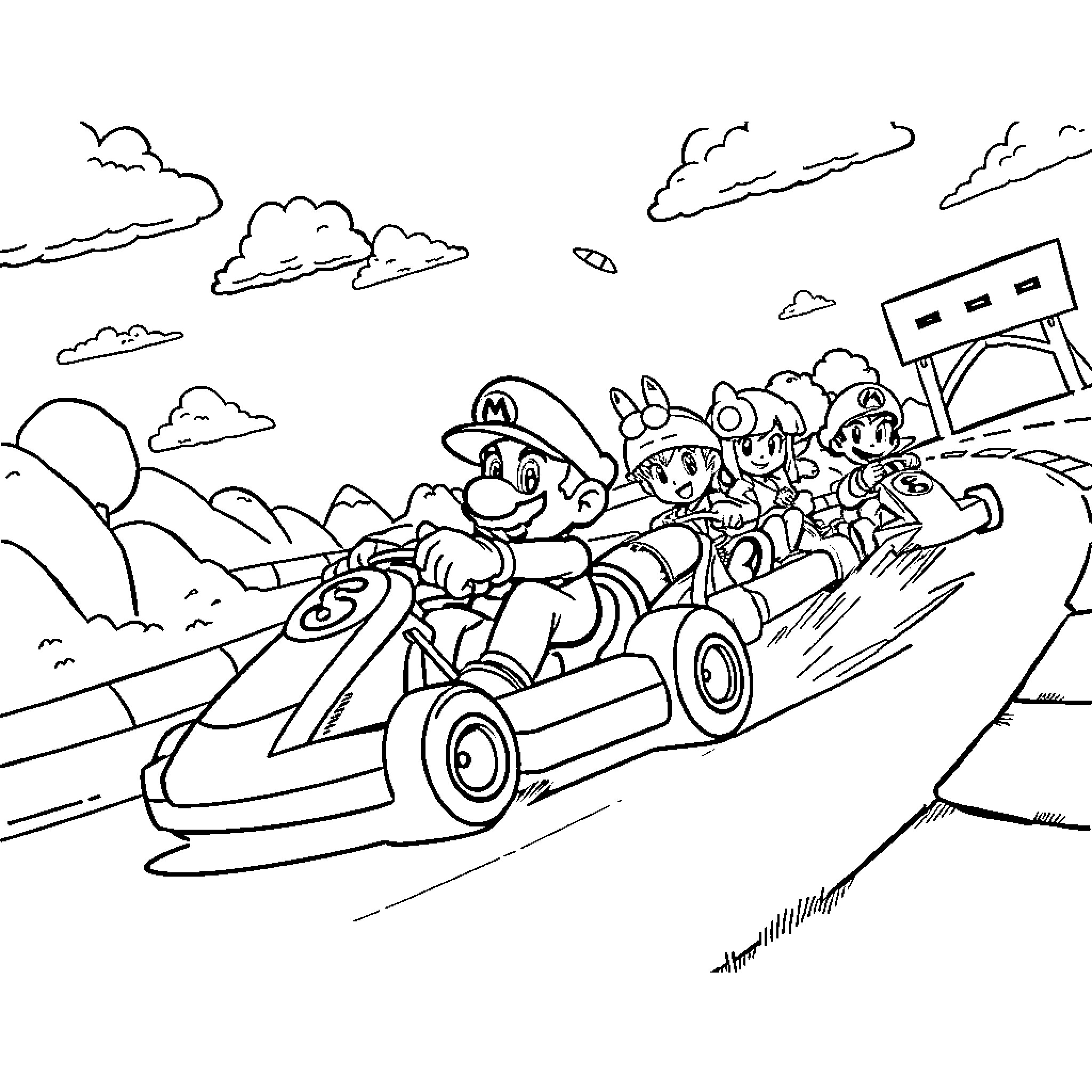 Mario and friends racing on go-karts Coloring Page (free black-and-white line drawing printable PDF for all, from beginners to advanced learners, including children, teens, adults, and seniors)
