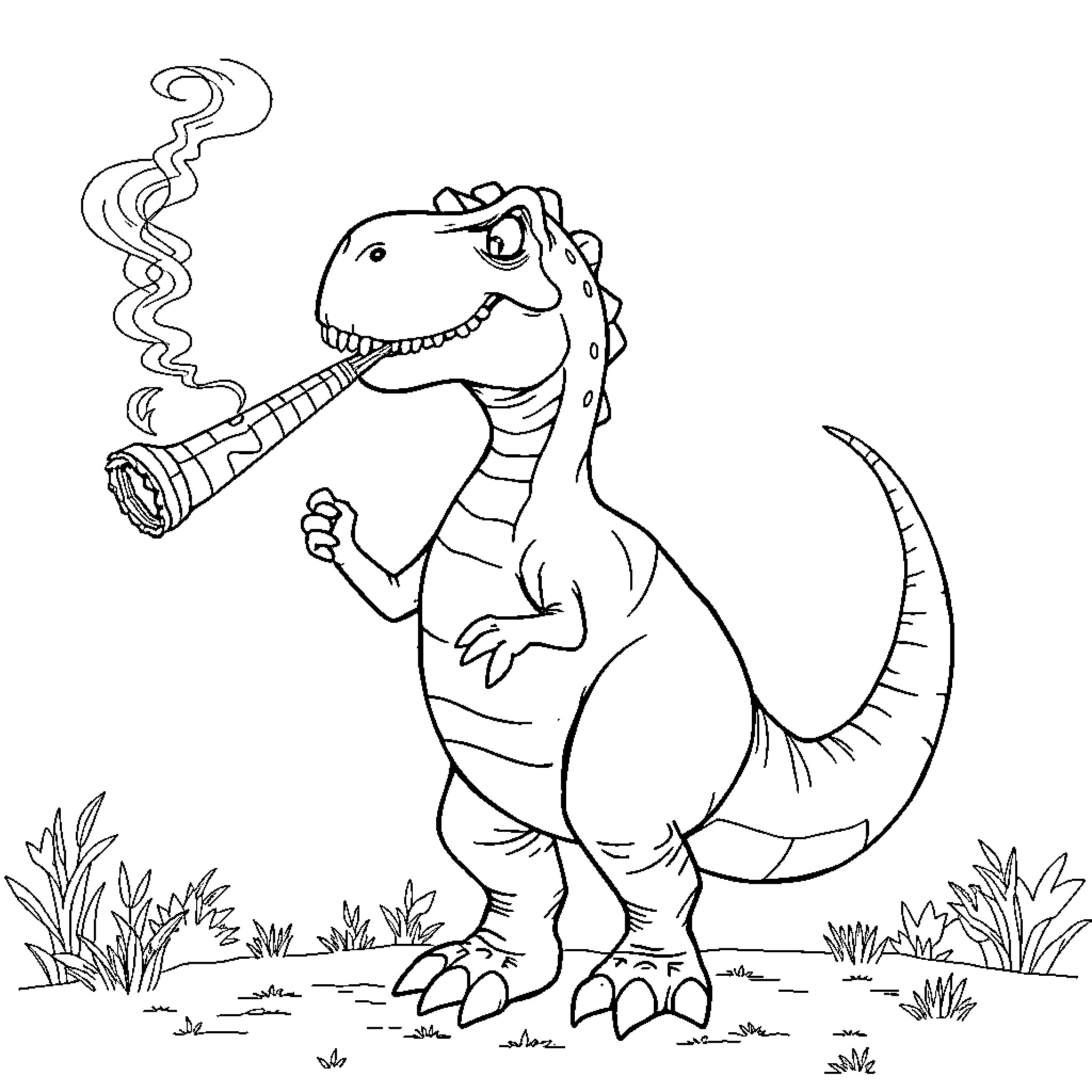 Dinosaur playing with party horn in nature Coloring Page (free black-and-white line drawing printable PDF for all, from beginners to advanced learners, including children, teens, adults, and seniors)