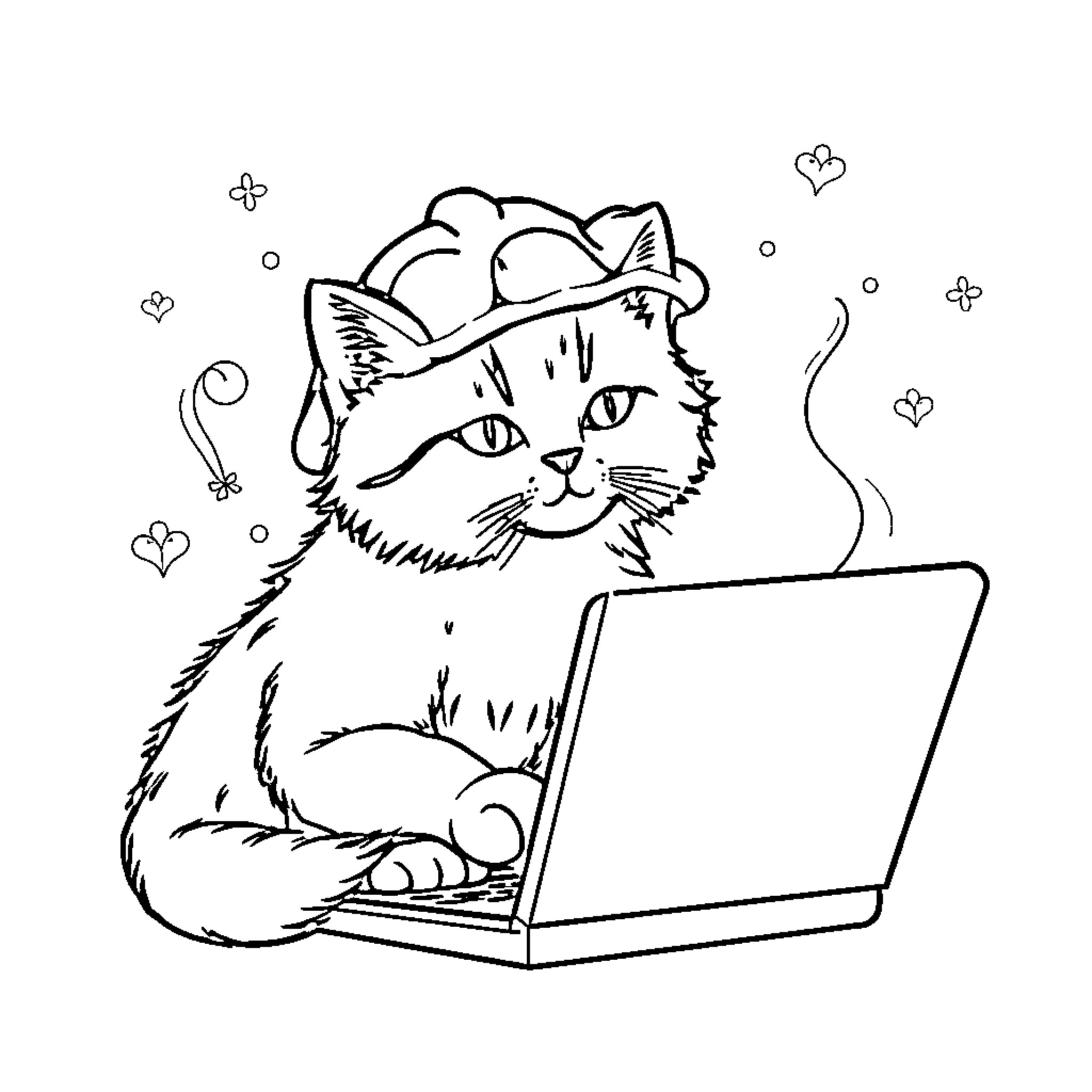 Cat working diligently on computer Coloring Page (free black-and-white line drawing printable PDF for all, from beginners to advanced learners, including children, teens, adults, and seniors)