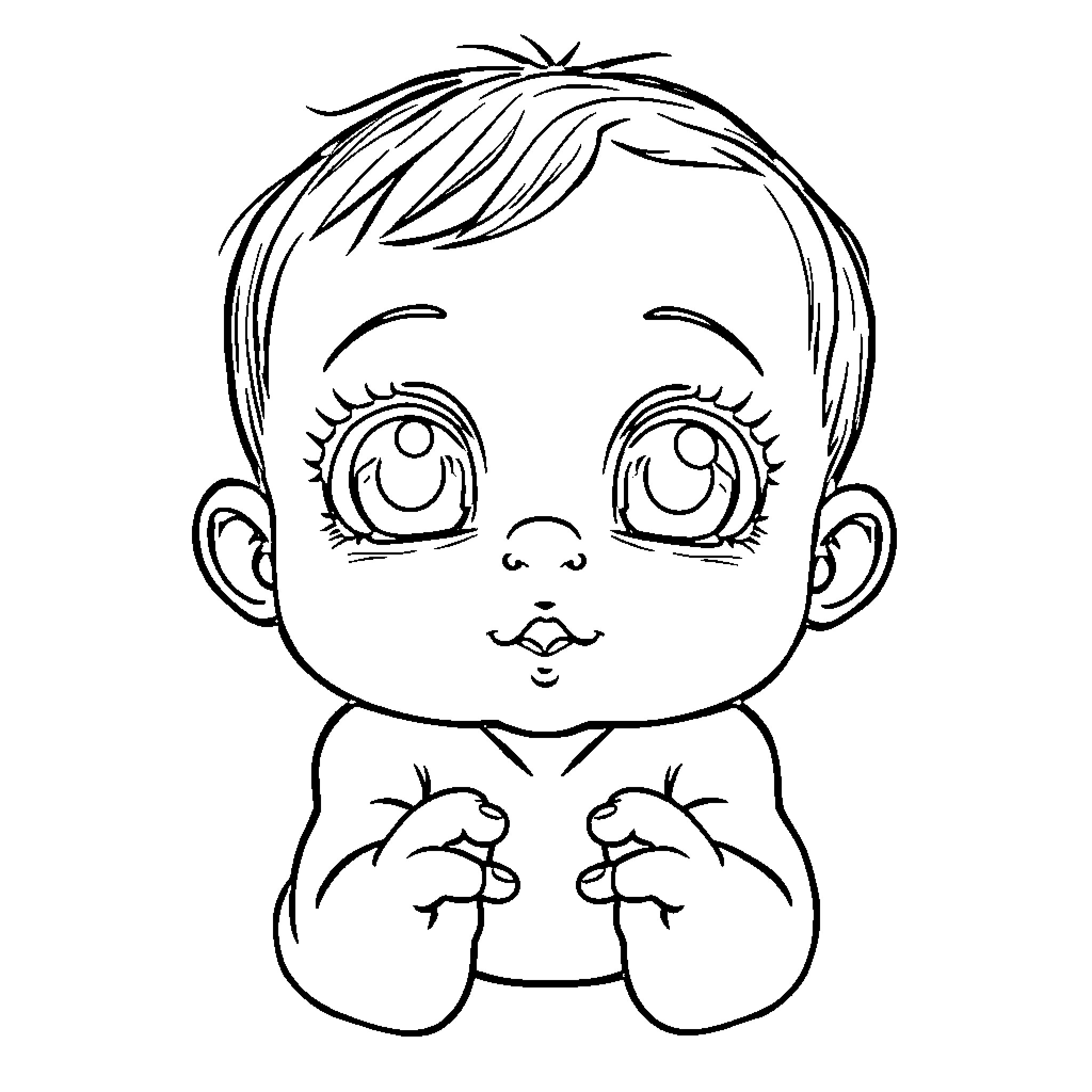 Baby with big eyes and open hands Coloring Page (free black-and-white line drawing printable PDF for all, from beginners to advanced learners, including children, teens, adults, and seniors)