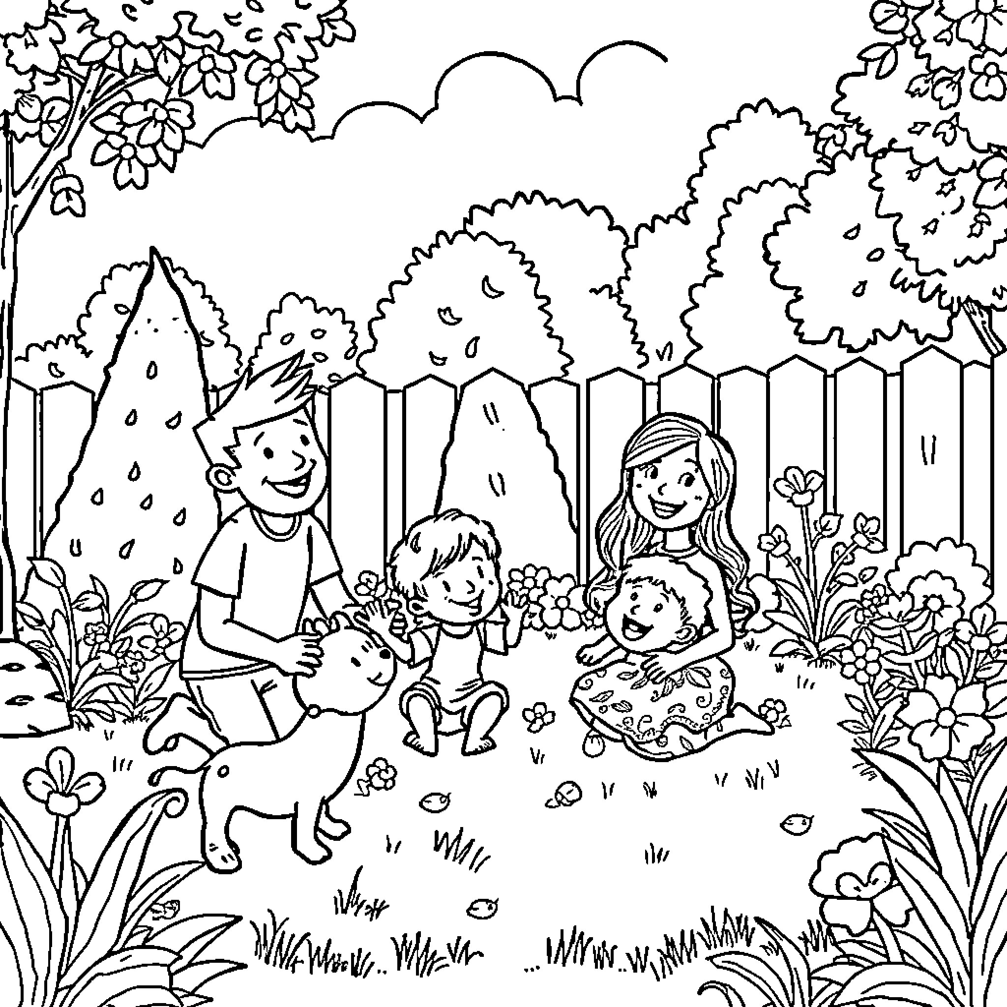 Family enjoying outdoor activities in nature Coloring Page (free black-and-white line drawing printable PDF for all, from beginners to advanced learners, including children, teens, adults, and seniors)