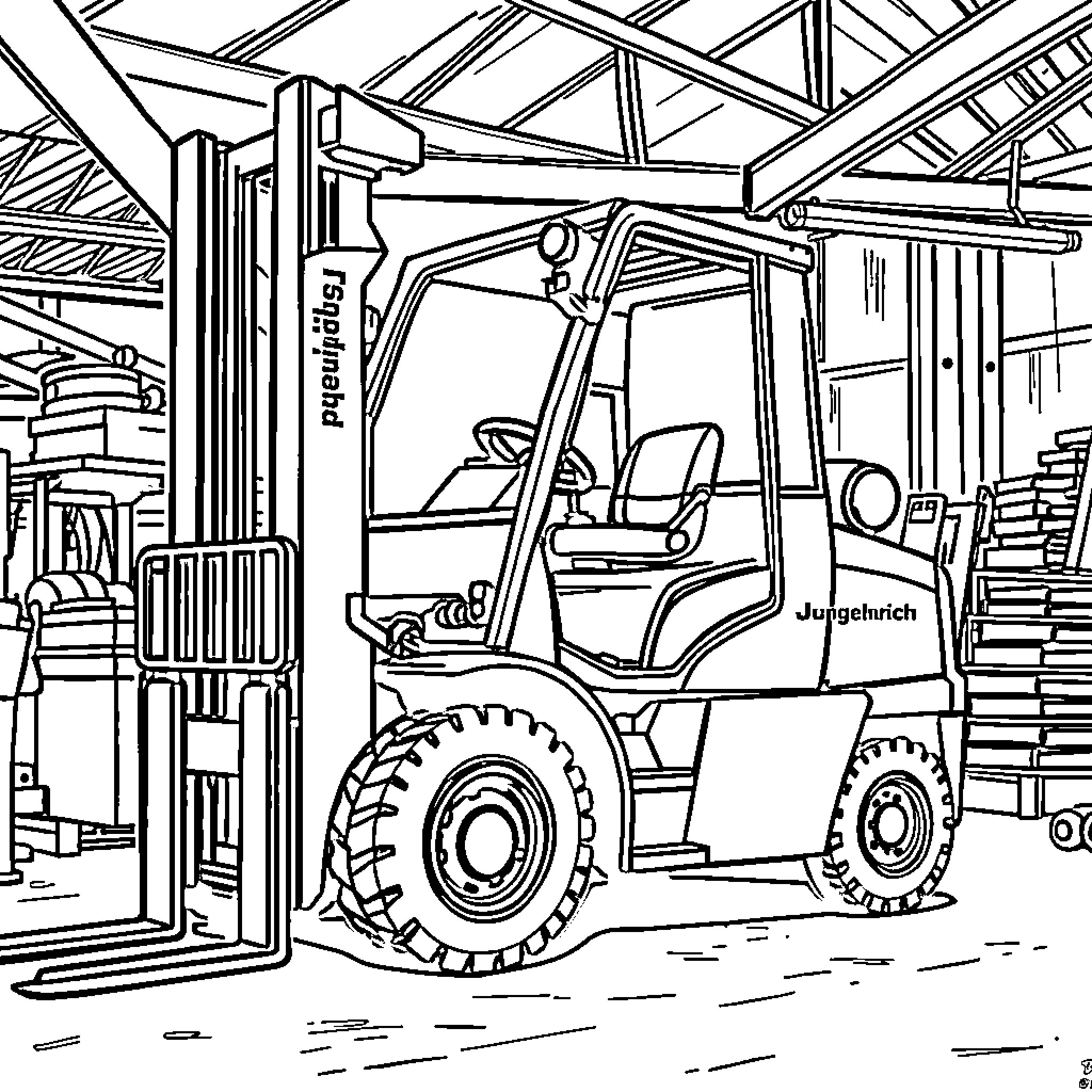 Forklift operating in industrial warehouse Coloring Page (free black-and-white line drawing printable PDF for all, from beginners to advanced learners, including children, teens, adults, and seniors)
