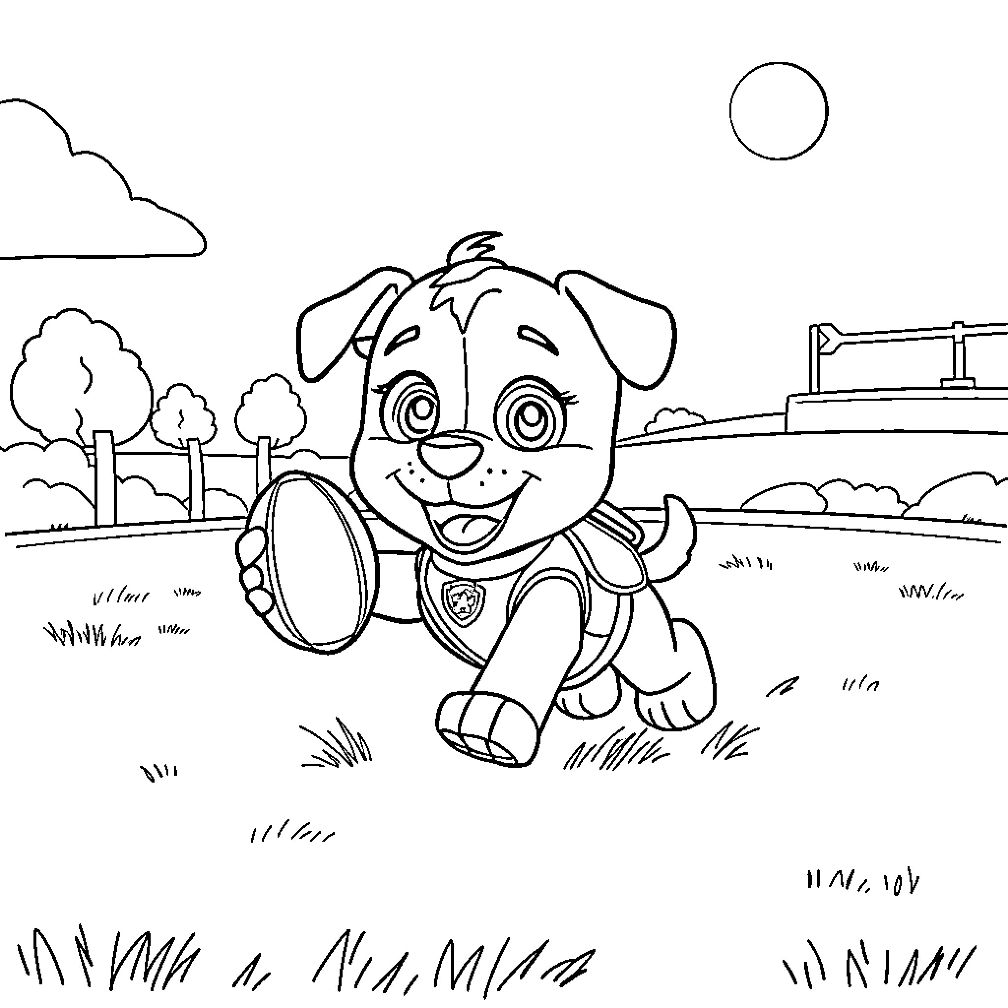 Rubble puppy on an adventure Coloring Page (free black-and-white line drawing printable PDF for all, from beginners to advanced learners, including children, teens, adults, and seniors)