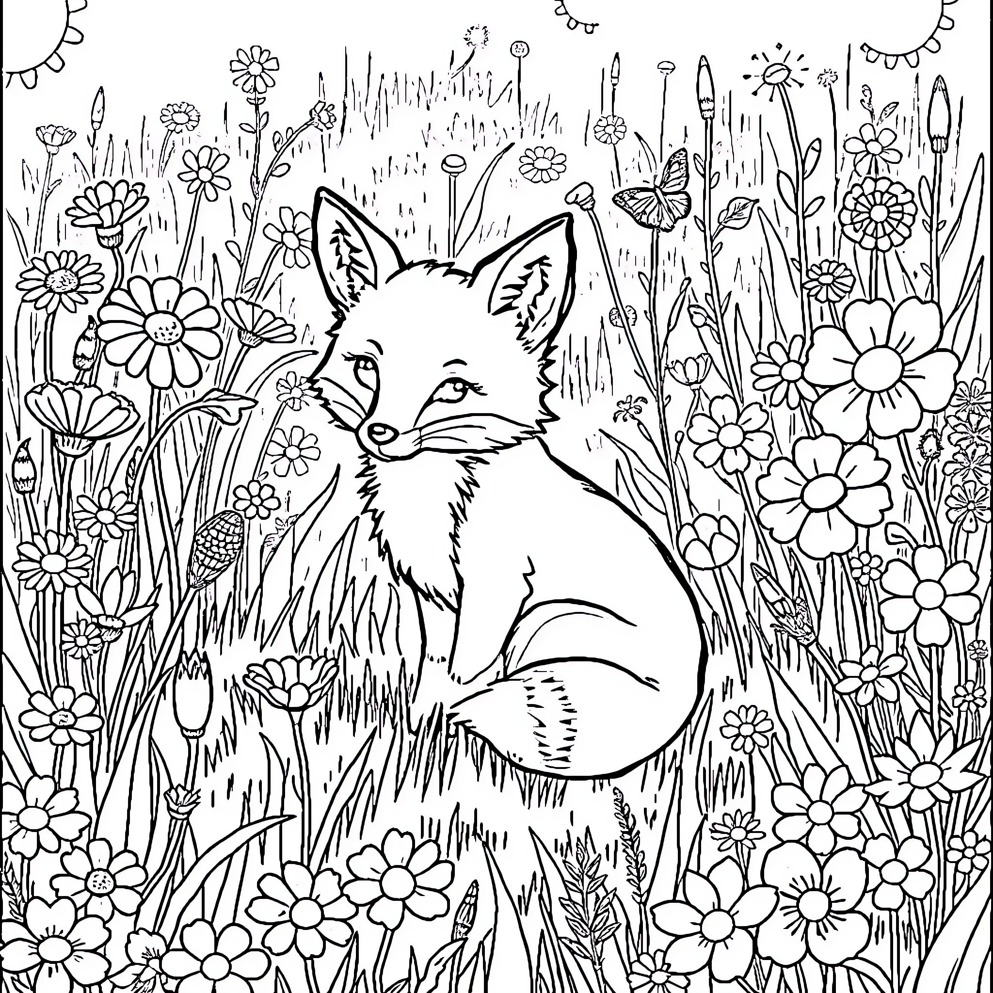 Fox Amidst Vibrant Floral Landscape Coloring Page (free black-and-white line drawing printable PDF for all, from beginners to advanced learners, including children, teens, adults, and seniors)