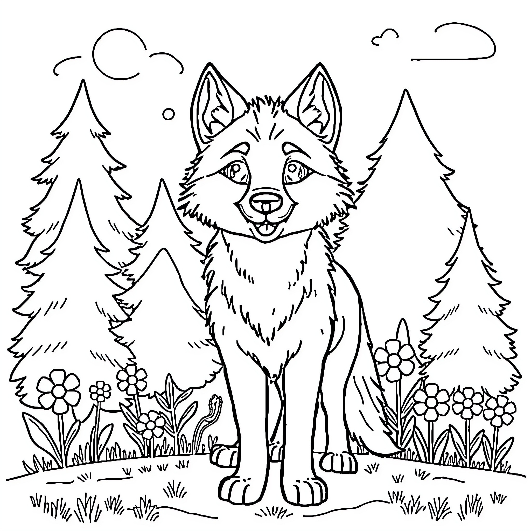 Wolf enjoying a scenic forest landscape Coloring Page (free black-and-white line drawing printable PDF for all, from beginners to advanced learners, including children, teens, adults, and seniors)