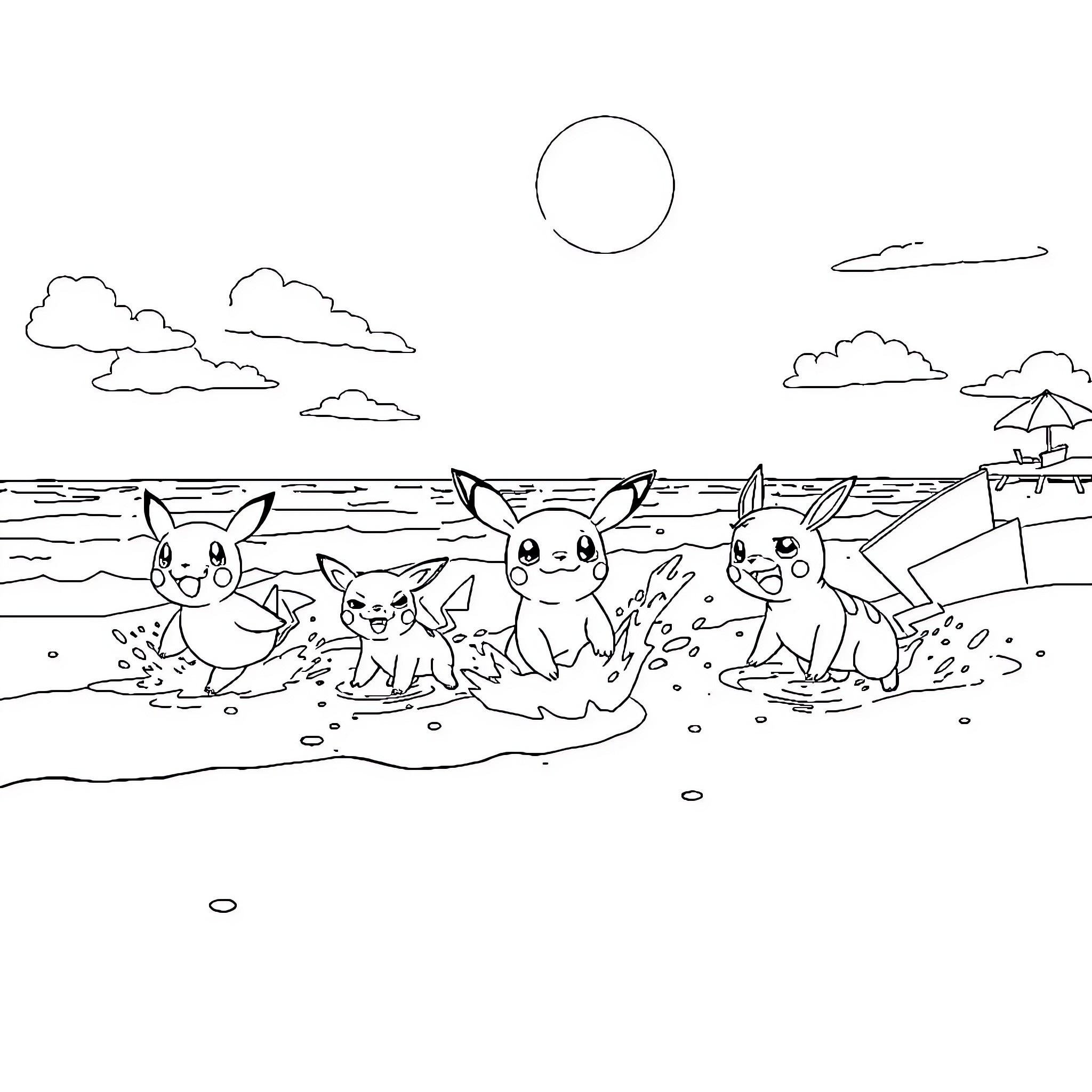Pokémon characters playing on the beach Coloring Page (free black-and-white line drawing printable PDF for all, from beginners to advanced learners, including children, teens, adults, and seniors)