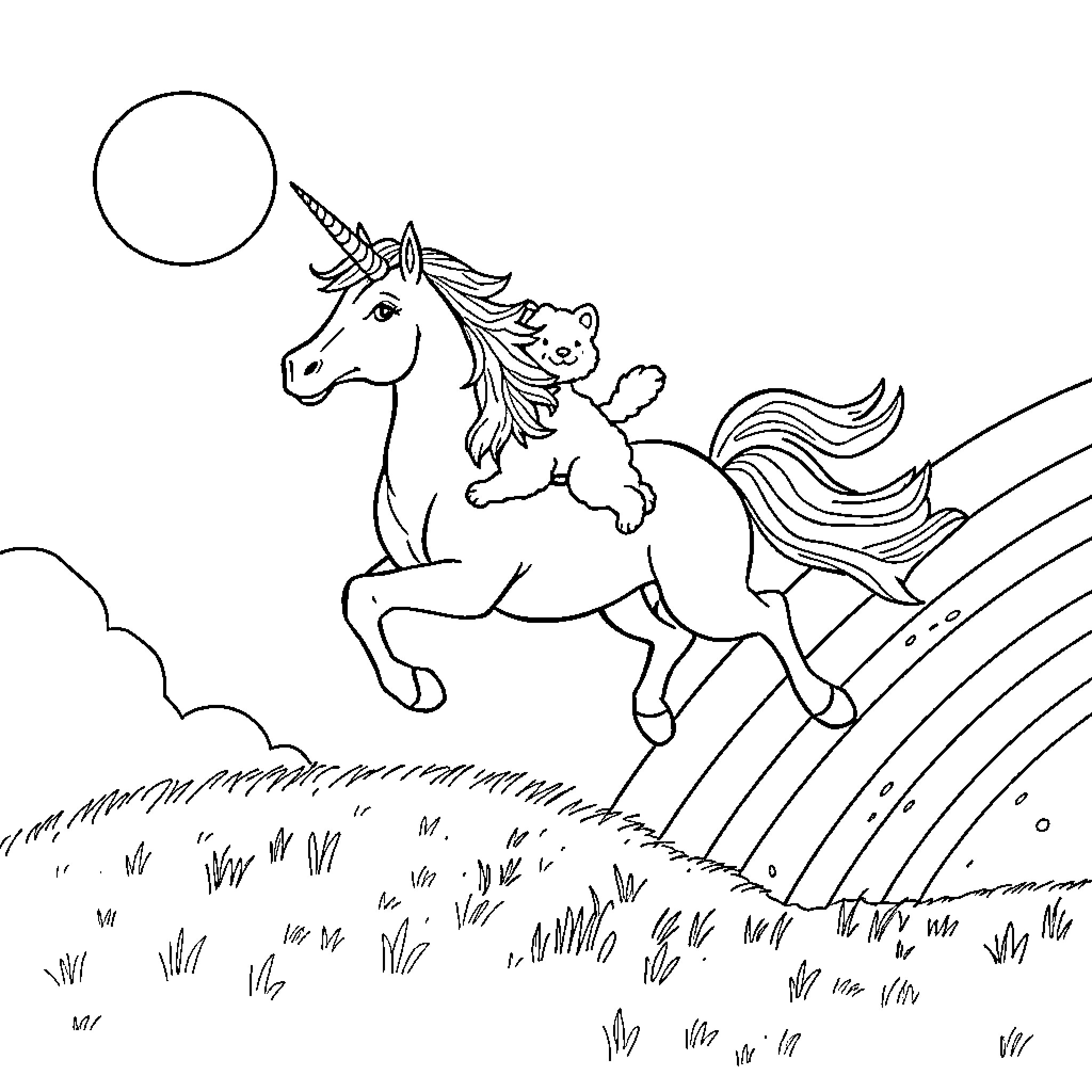 Unicorn and its companion traversing a lush landscape Coloring Page (free black-and-white line drawing printable PDF for all, from beginners to advanced learners, including children, teens, adults, and seniors)