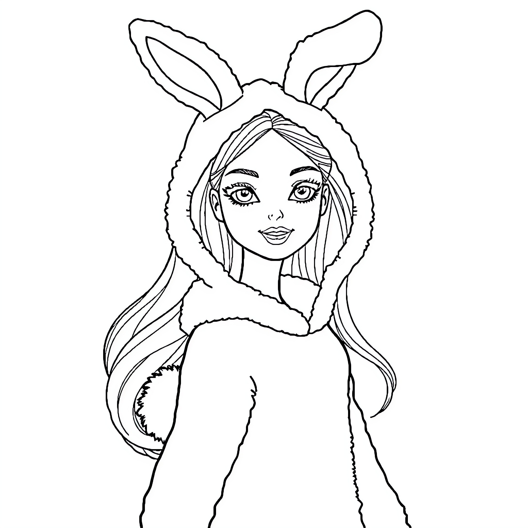 Barbie Wearing Cozy Bunny Costume Coloring Page (free black-and-white line drawing printable PDF for all, from beginners to advanced learners, including children, teens, adults, and seniors)