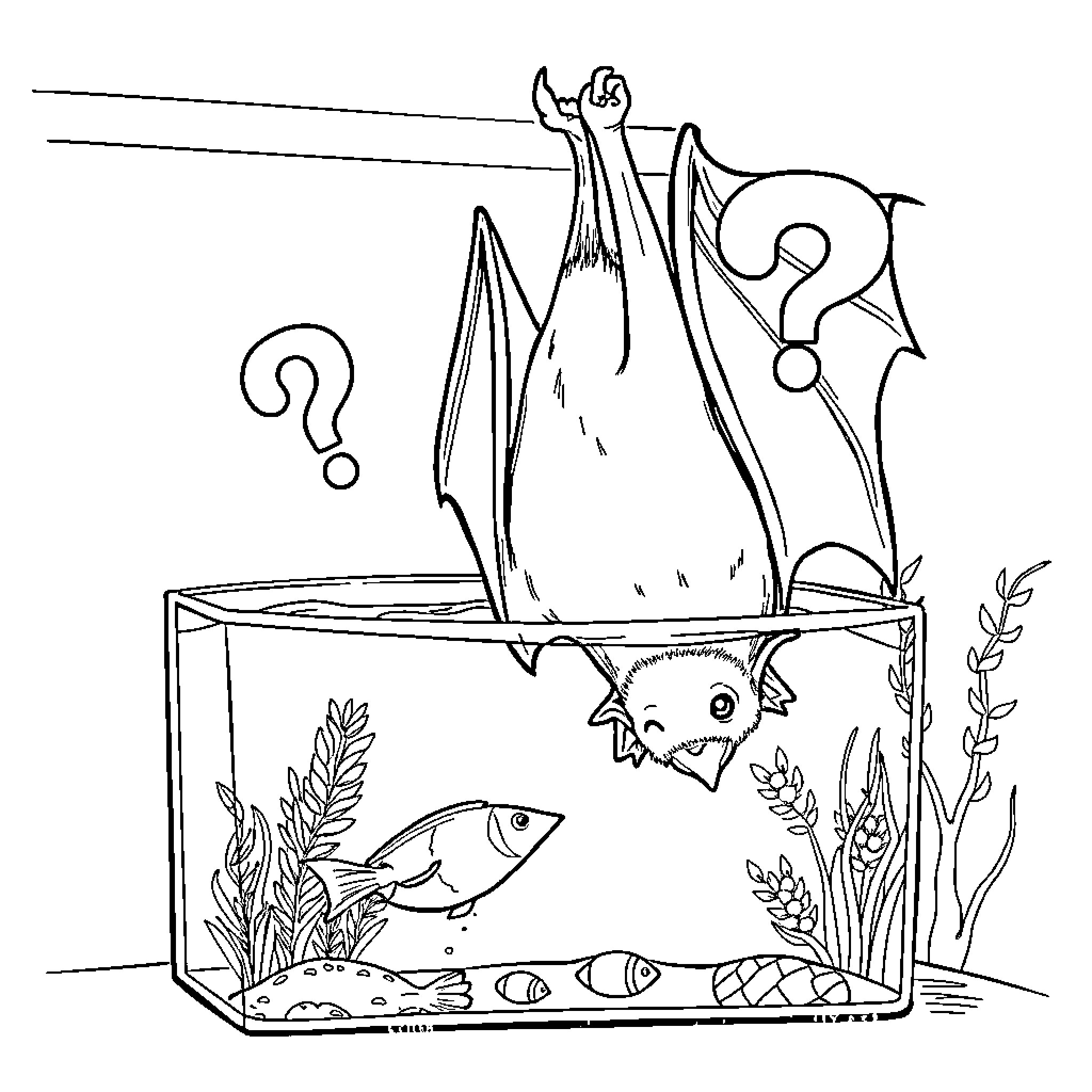 Bat pondering in a fish tank Coloring Page (free black-and-white line drawing printable PDF for all, from beginners to advanced learners, including children, teens, adults, and seniors)
