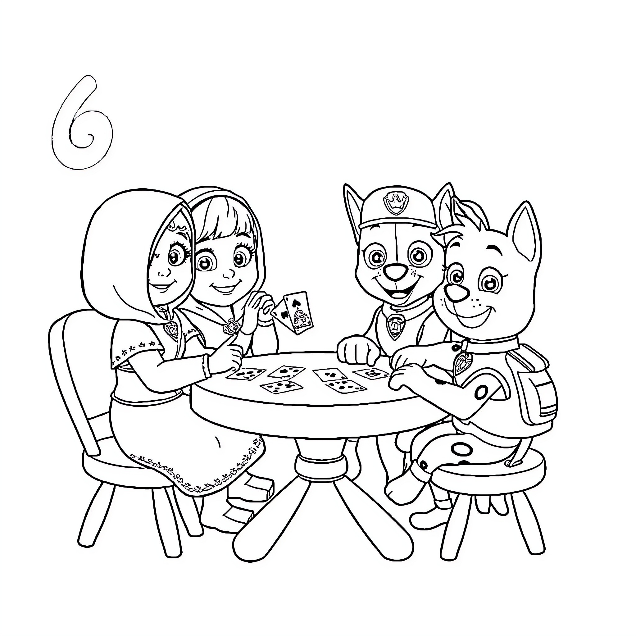Masha and her friends playing cards Coloring Page (free black-and-white line drawing printable PDF for all, from beginners to advanced learners, including children, teens, adults, and seniors)