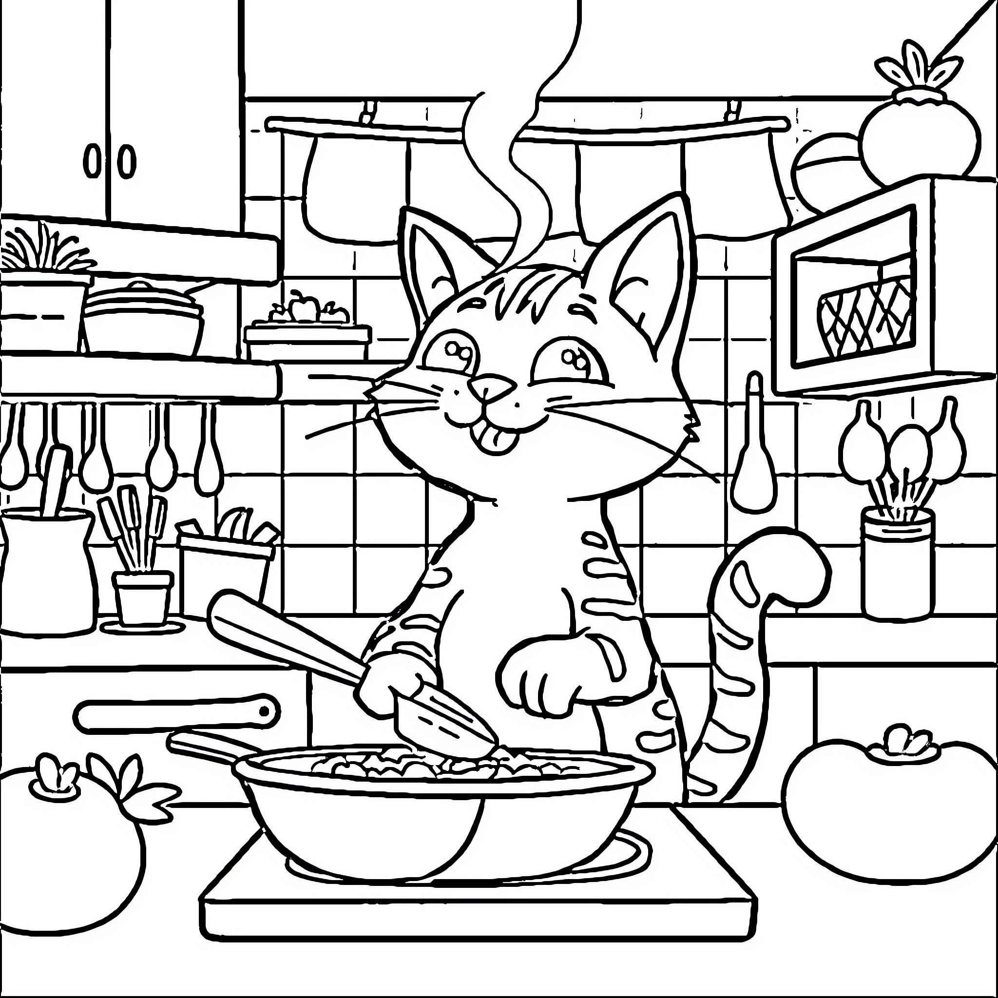 Cat Cooking a Meal in a Cozy Kitchen Coloring Page (free black-and-white line drawing printable PDF for all, from beginners to advanced learners, including children, teens, adults, and seniors)