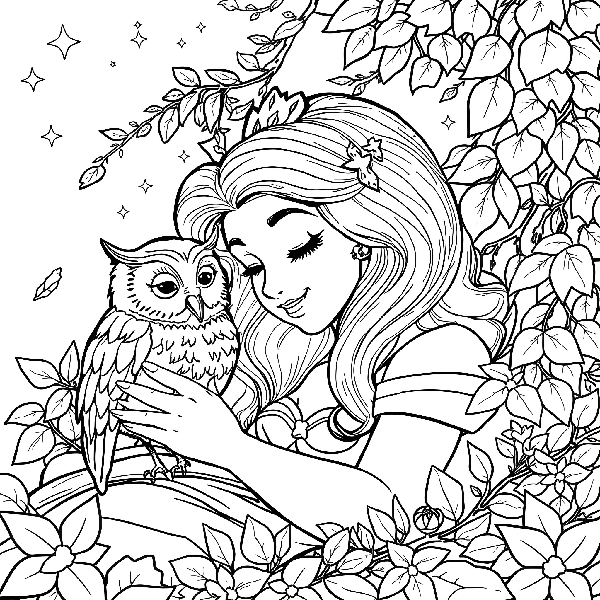 Owl and woman in enchanted forest Coloring Page (free black-and-white line drawing printable PDF for all, from beginners to advanced learners, including children, teens, adults, and seniors)