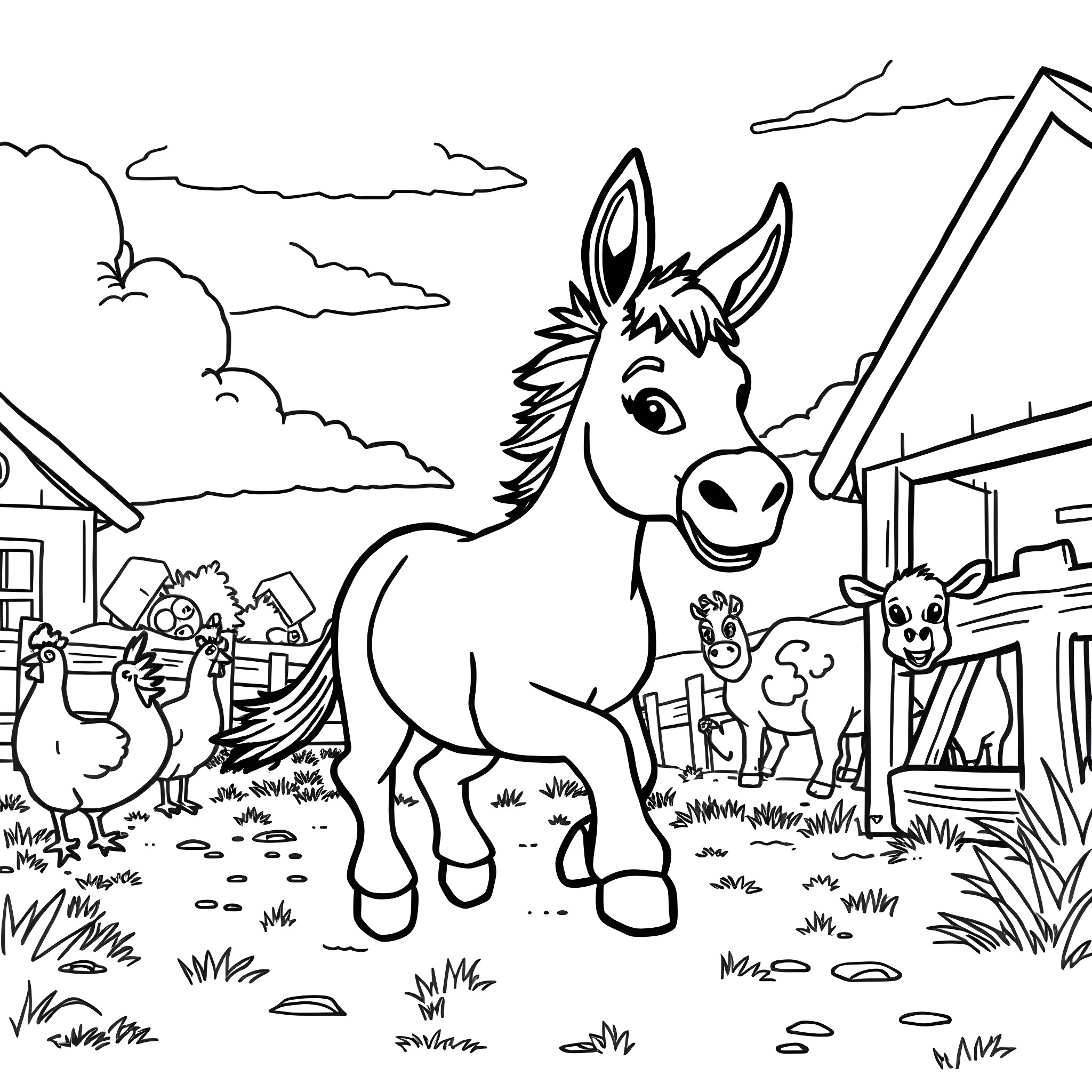 Trotro and farm animals in a rural landscape Coloring Page (free black-and-white line drawing printable PDF for all, from beginners to advanced learners, including children, teens, adults, and seniors)
