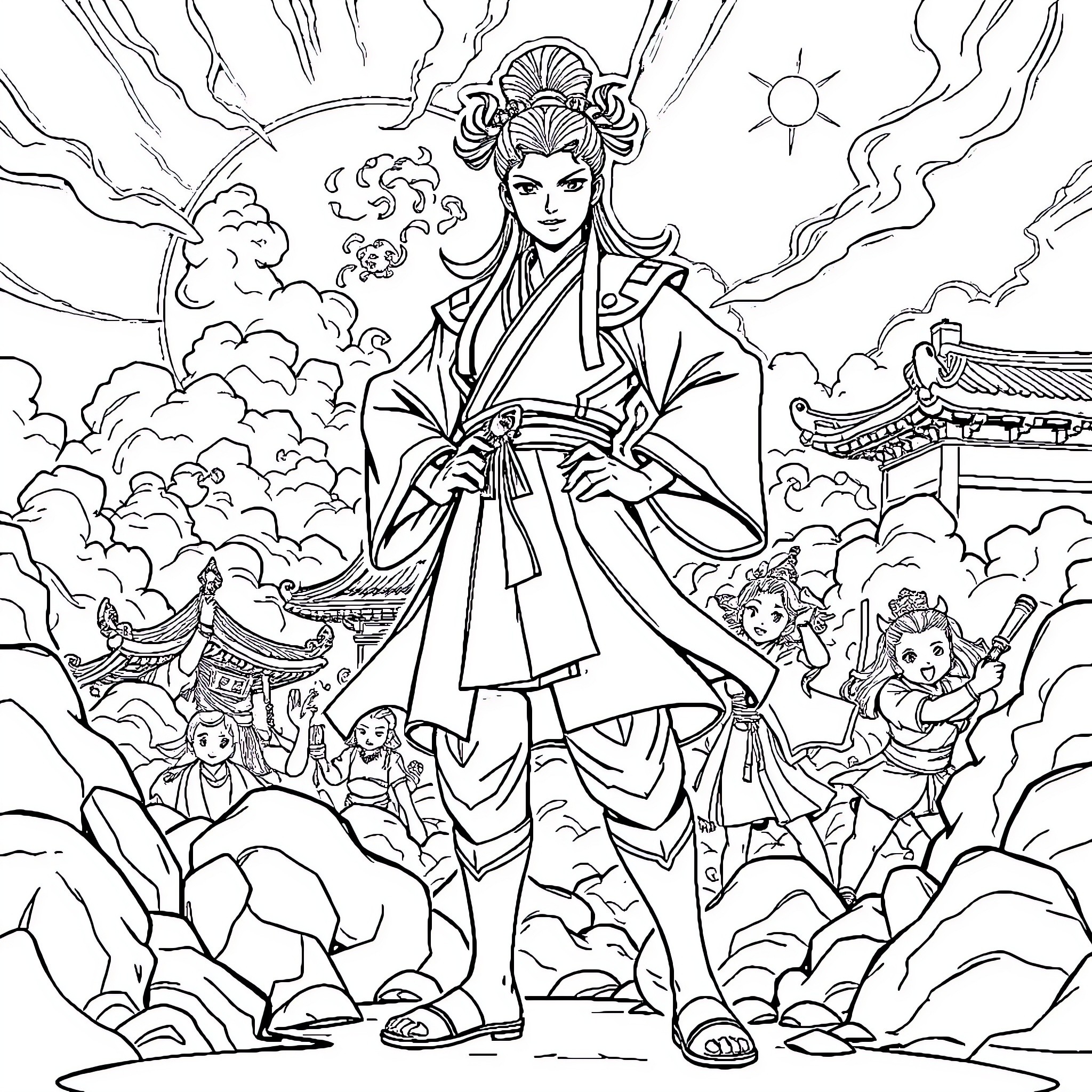 Sun Soo's Celestial Journey with Mystical Companions Coloring Page (free black-and-white line drawing printable PDF for all, from beginners to advanced learners, including children, teens, adults, and seniors)