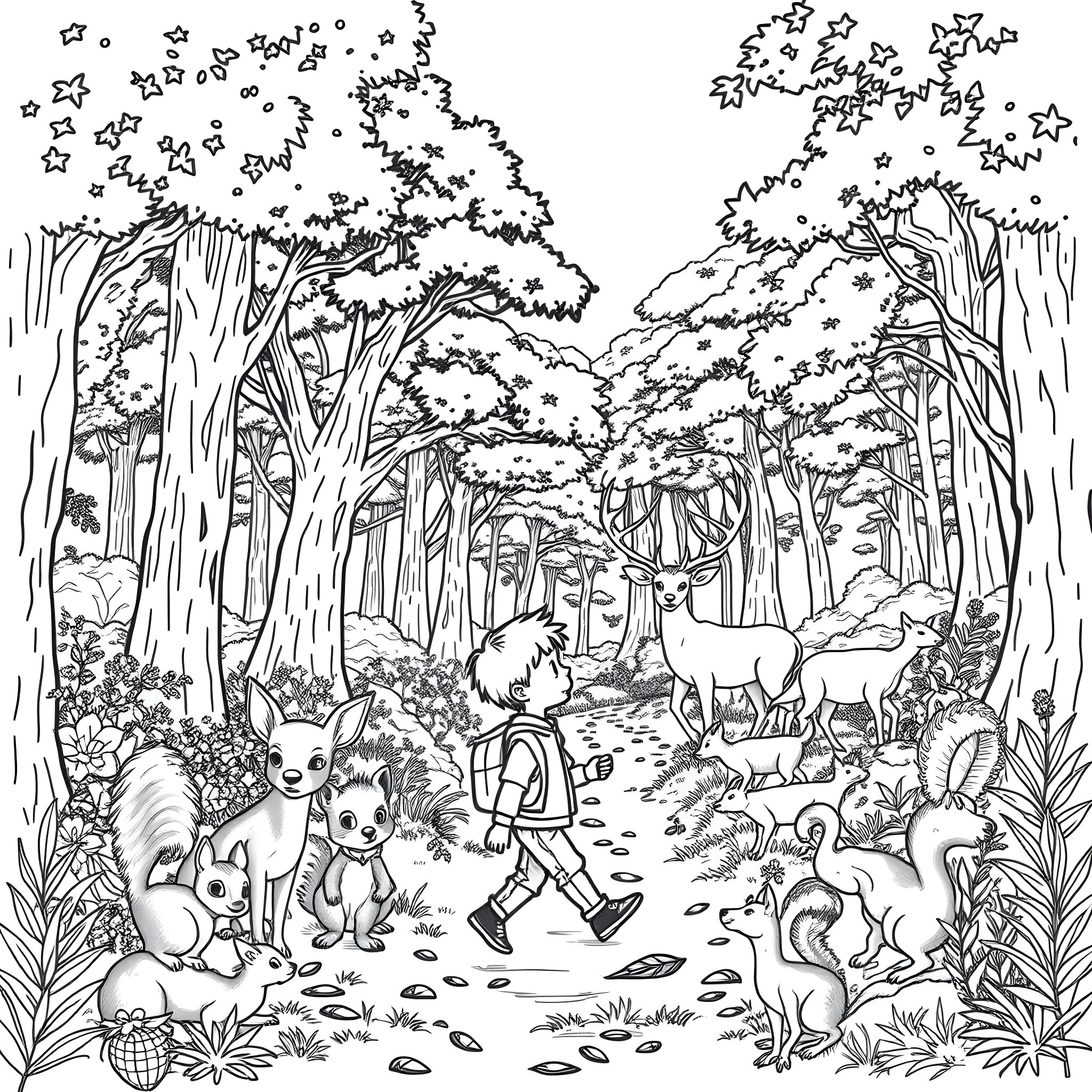 Dog and friends exploring the enchanted forest Coloring Page (free black-and-white line drawing printable PDF for all, from beginners to advanced learners, including children, teens, adults, and seniors)