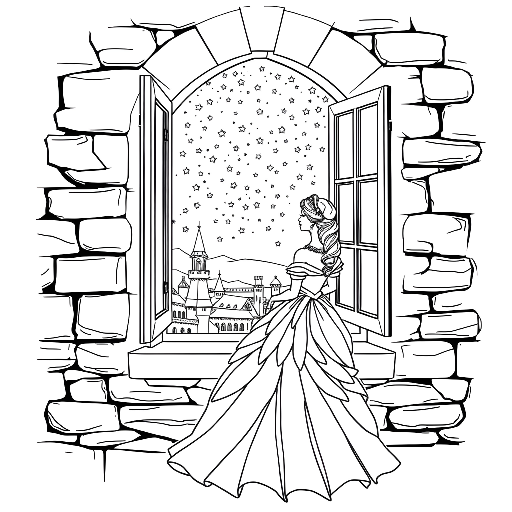 Princess gazing out the window at a snowy night Coloring Page (free black-and-white line drawing printable PDF for all, from beginners to advanced learners, including children, teens, adults, and seniors)