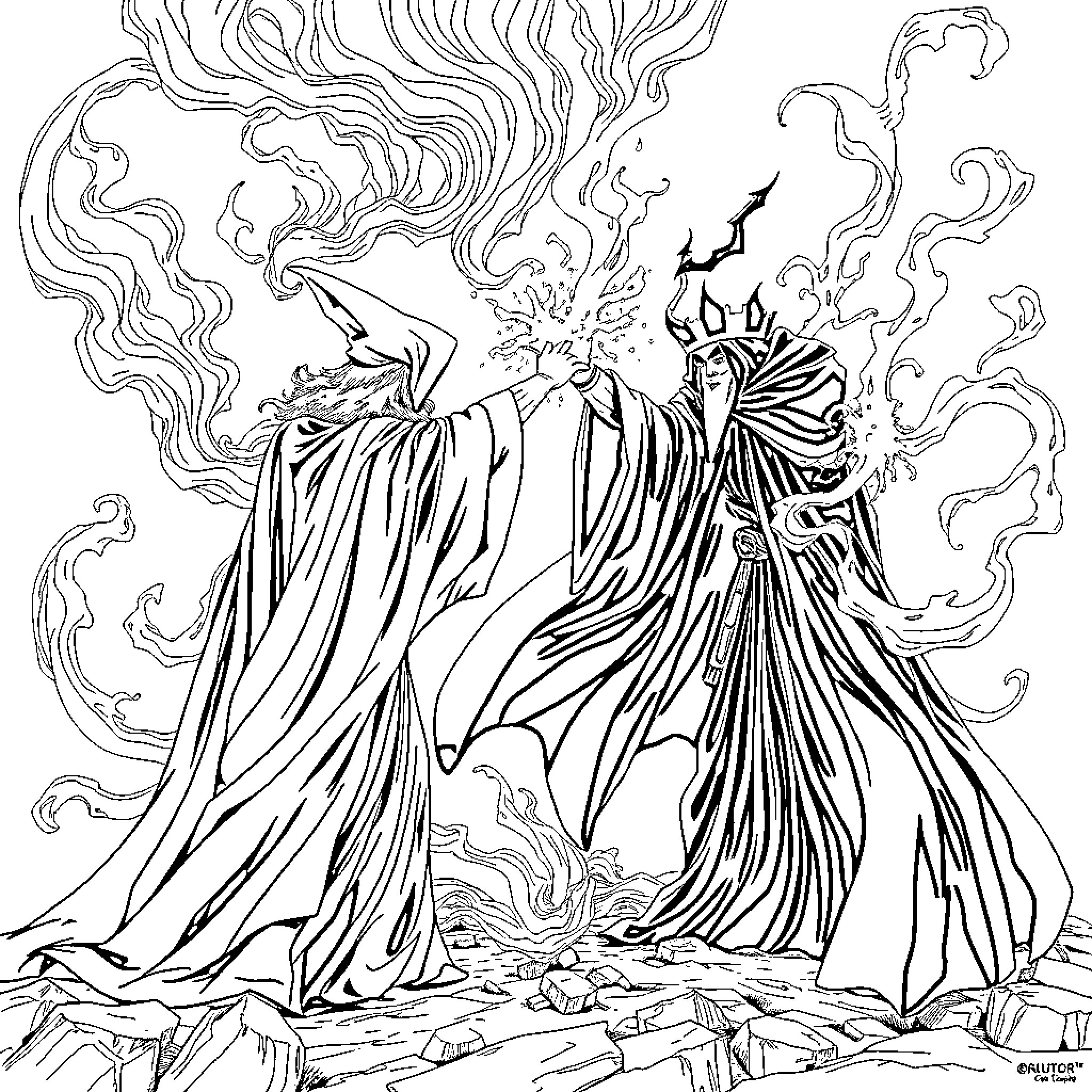 Wizard's Mystical Encounter in a Surreal Realm Coloring Page (free black-and-white line drawing printable PDF for all, from beginners to advanced learners, including children, teens, adults, and seniors)