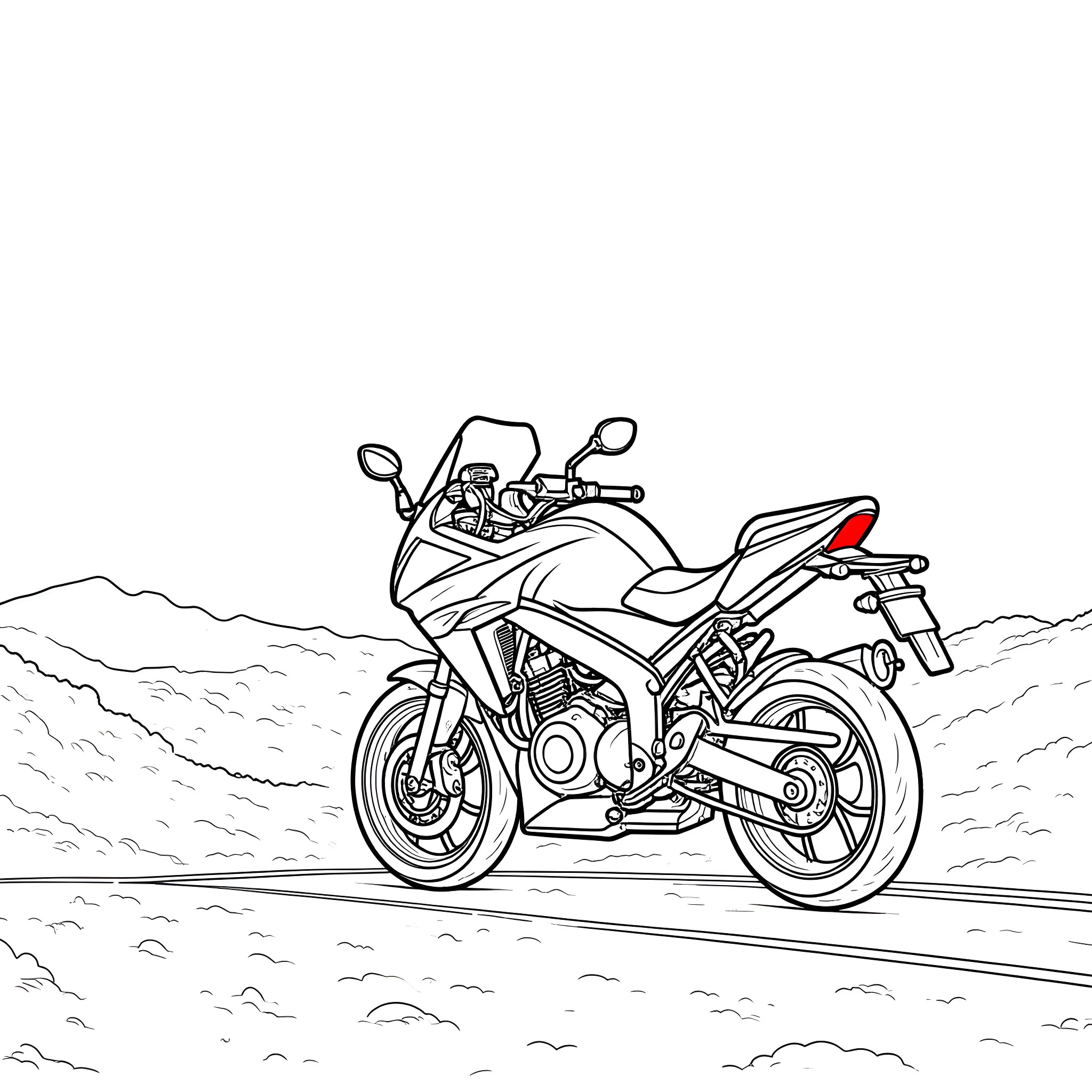Motorcycle racing on a winding road Coloring Page (free black-and-white line drawing printable PDF for all, from beginners to advanced learners, including children, teens, adults, and seniors)