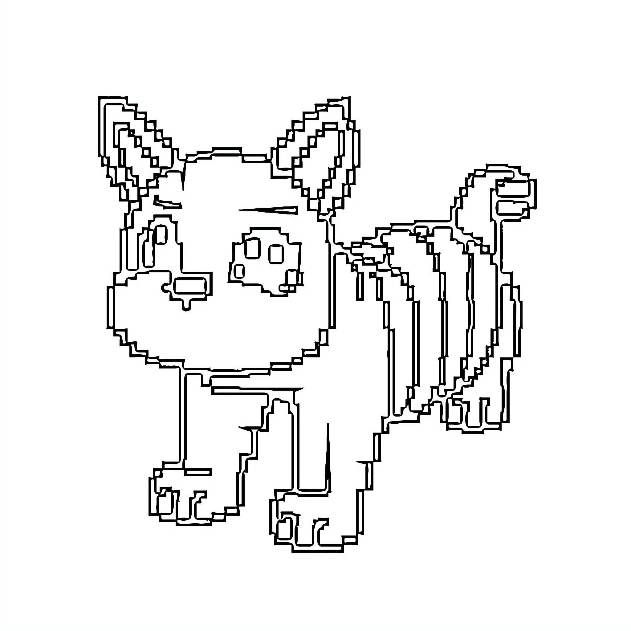 Pixel Art of a Cat-like Creature Coloring Page (free black-and-white line drawing printable PDF for all, from beginners to advanced learners, including children, teens, adults, and seniors)