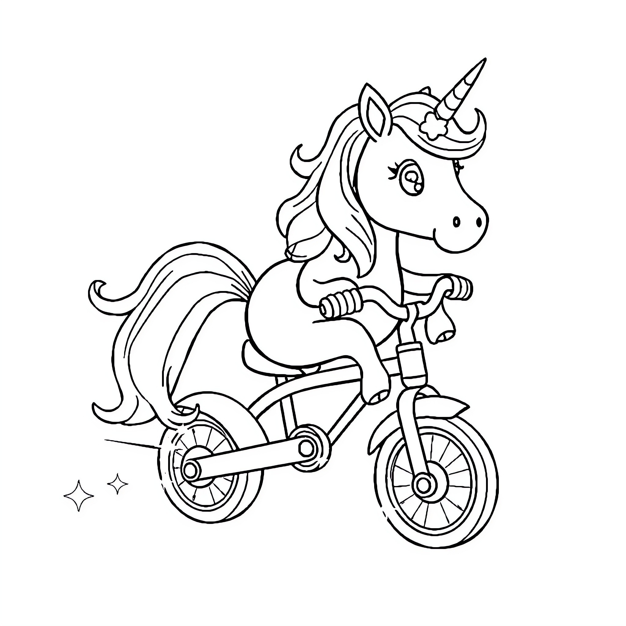 Unicorn riding a bicycle with joy Coloring Page (free black-and-white line drawing printable PDF for all, from beginners to advanced learners, including children, teens, adults, and seniors)