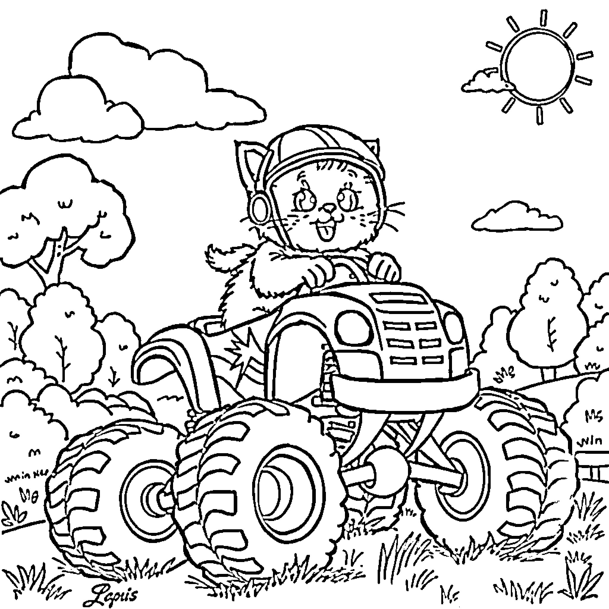 Cat driving tractor in countryside Coloring Page (free black-and-white line drawing printable PDF for all, from beginners to advanced learners, including children, teens, adults, and seniors)