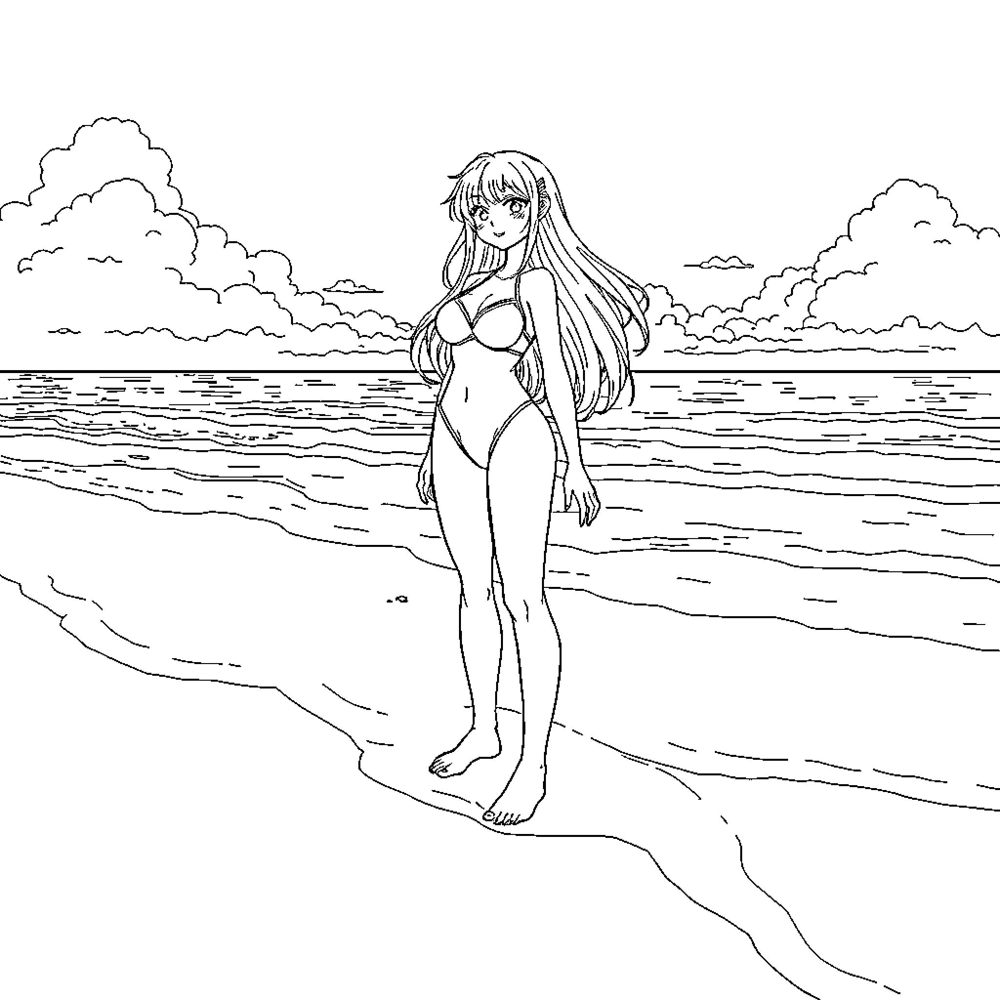 Bronya enjoying a peaceful day at the beach Coloring Page (free black-and-white line drawing printable PDF for all, from beginners to advanced learners, including children, teens, adults, and seniors)