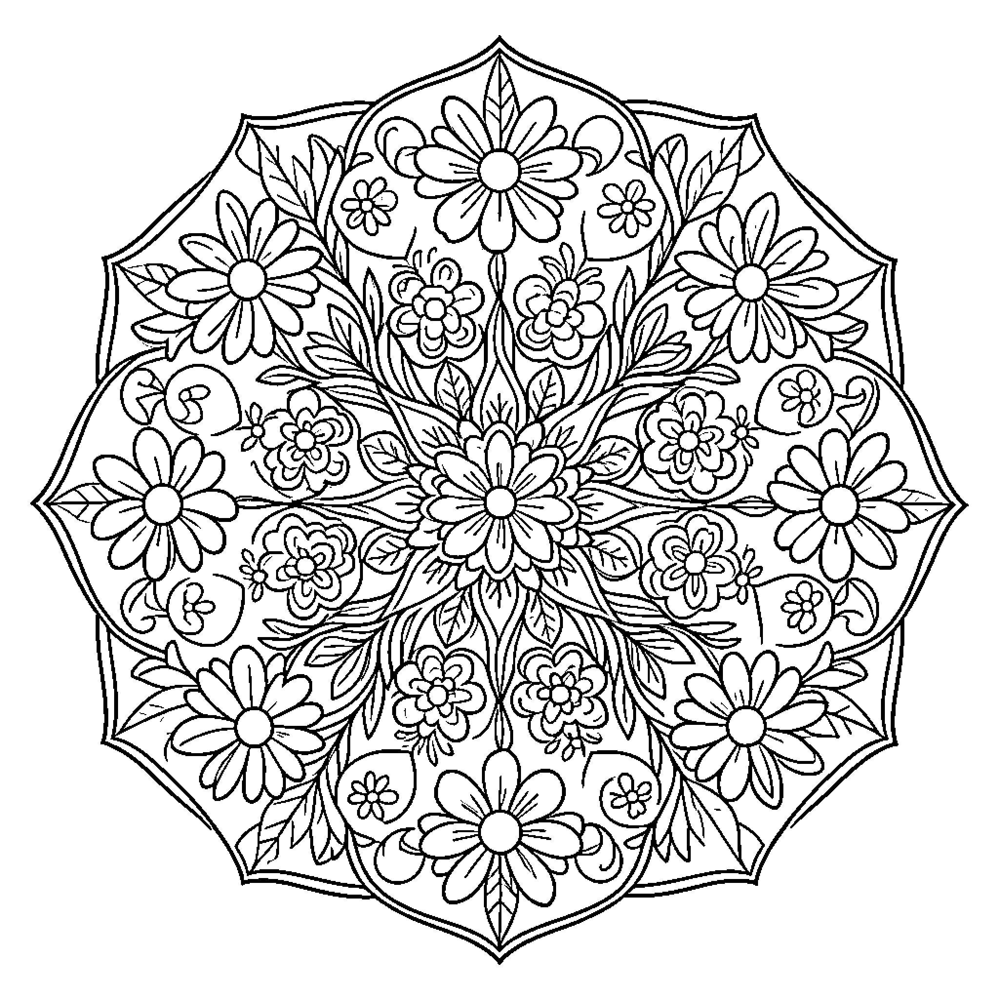 Mandala with intricate floral patterns Coloring Page (free black-and-white line drawing printable PDF for all, from beginners to advanced learners, including children, teens, adults, and seniors)