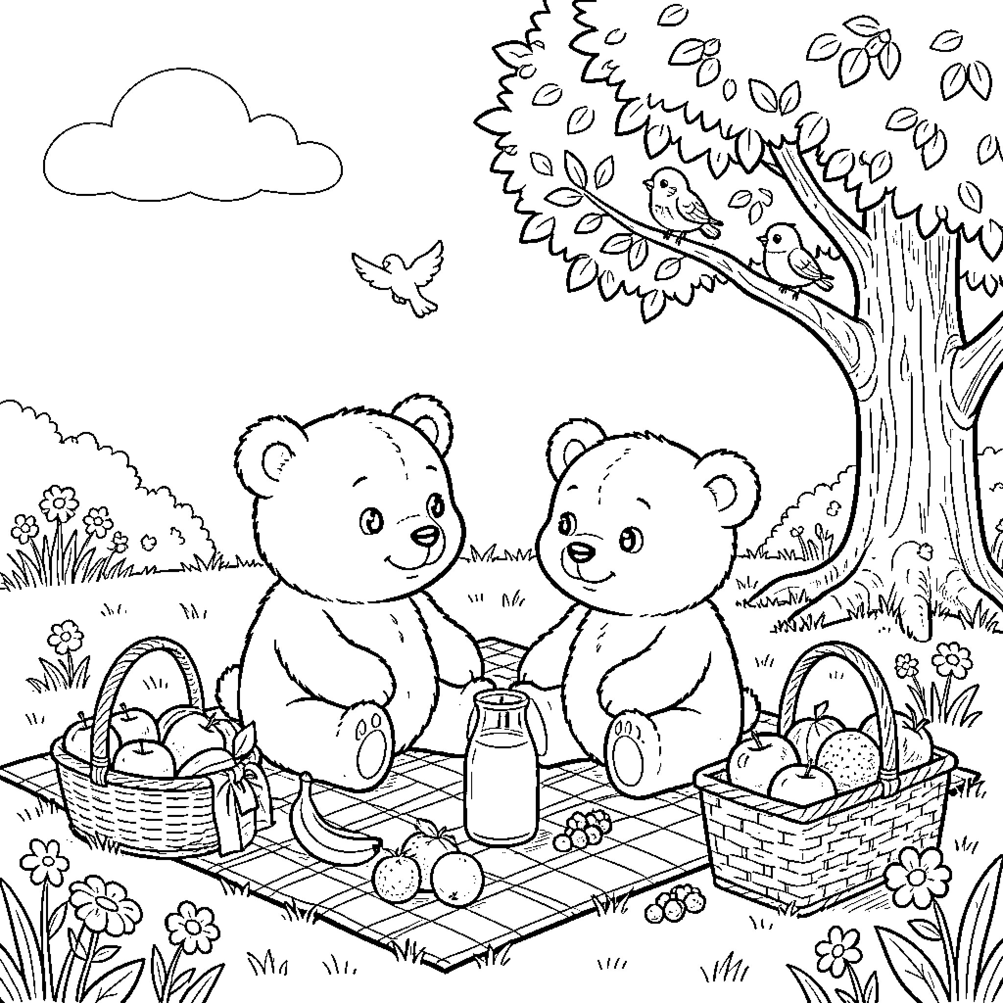 Teddy Bears having a picnic under a tree Coloring Page (free black-and-white line drawing printable PDF for all, from beginners to advanced learners, including children, teens, adults, and seniors)