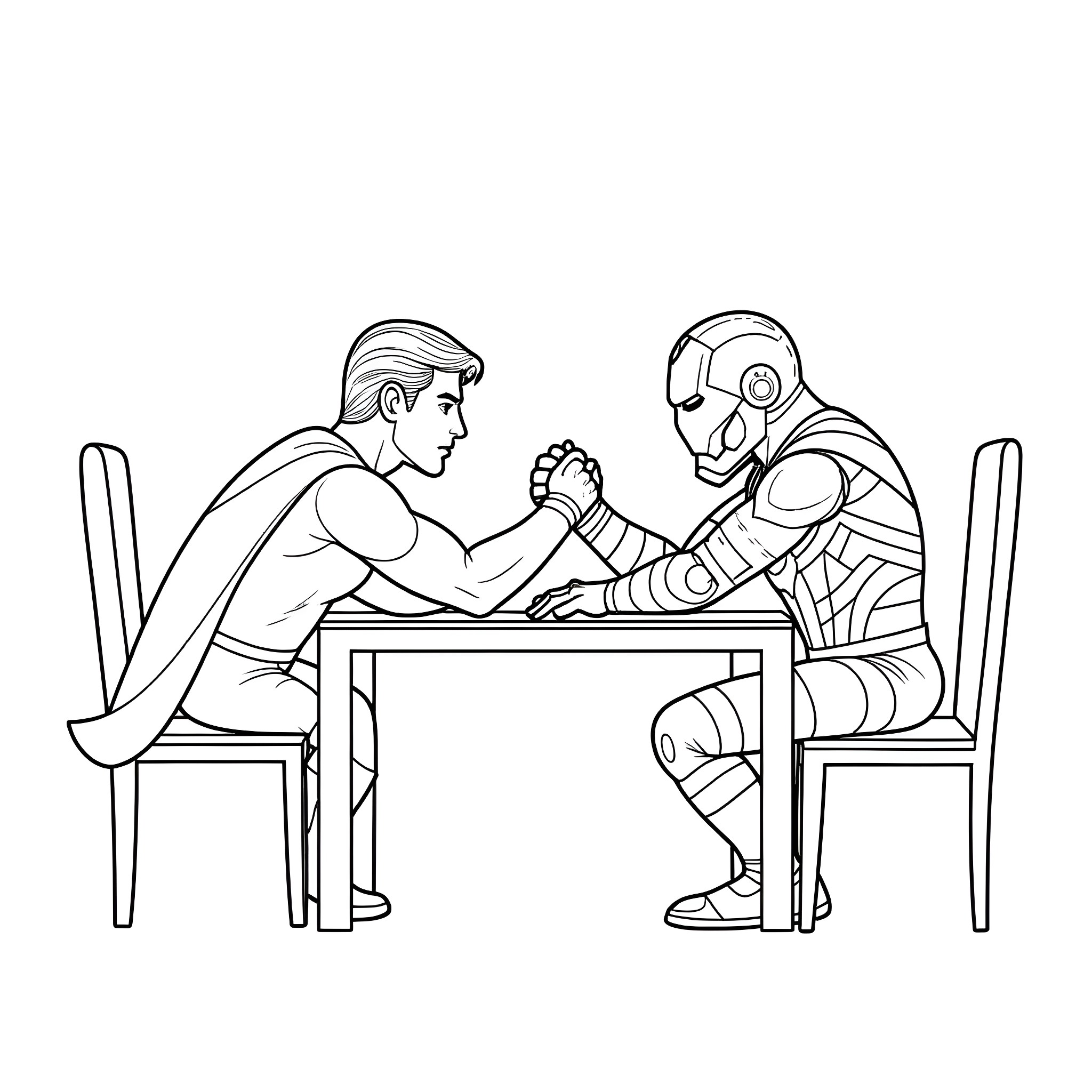 Superman and robot arm-wrestling in futuristic setting Coloring Page (free black-and-white line drawing printable PDF for all, from beginners to advanced learners, including children, teens, adults, and seniors)