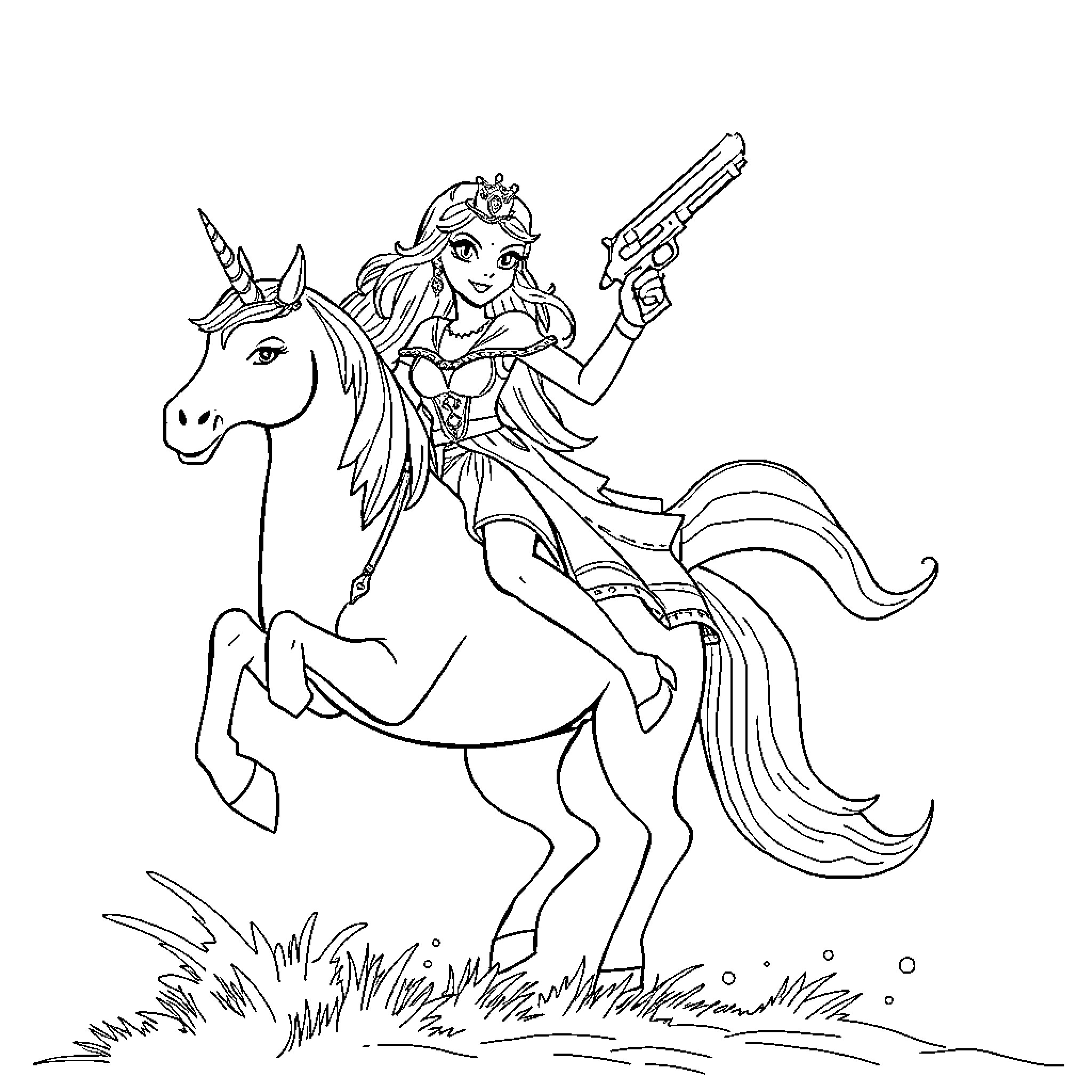 Princess rides unicorn while wielding a firearm Coloring Page (free black-and-white line drawing printable PDF for all, from beginners to advanced learners, including children, teens, adults, and seniors)