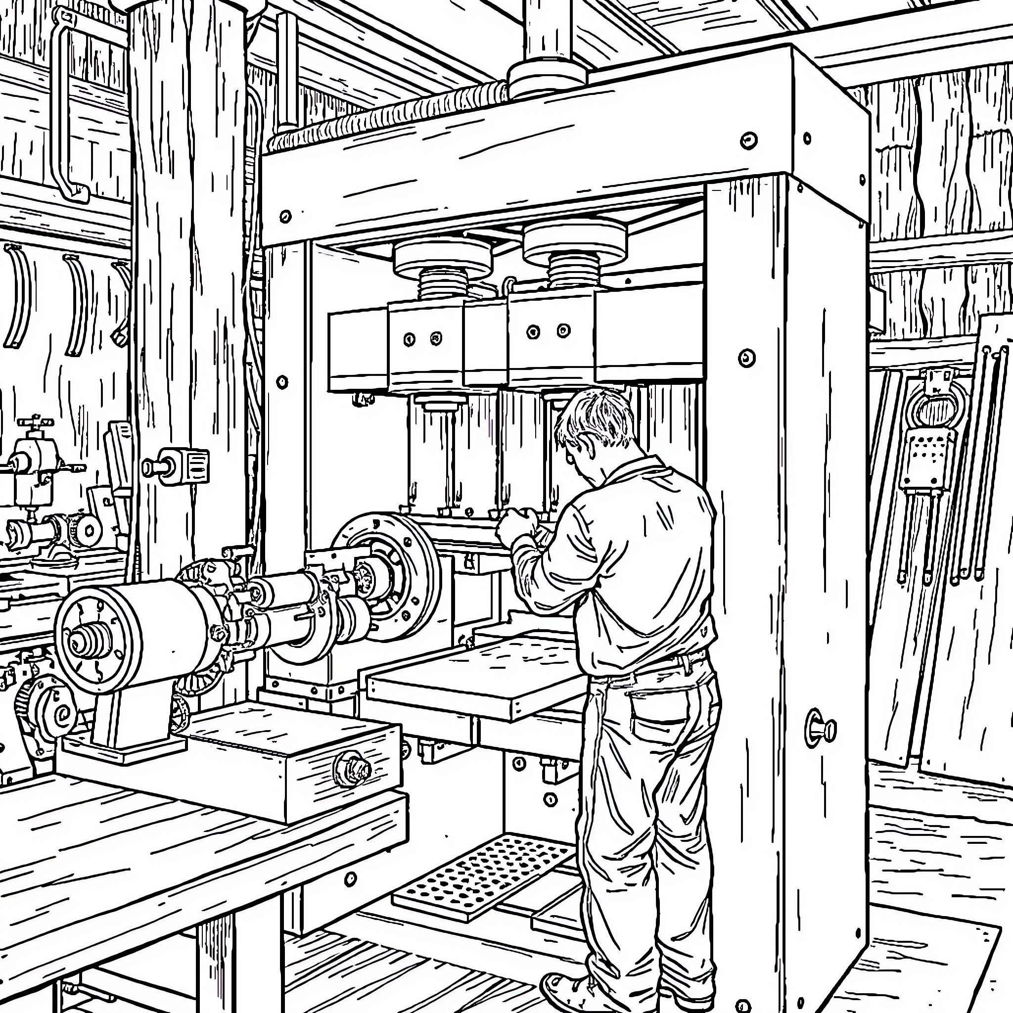 Millwright operating industrial machinery in workshop Coloring Page (free black-and-white line drawing printable PDF for all, from beginners to advanced learners, including children, teens, adults, and seniors)