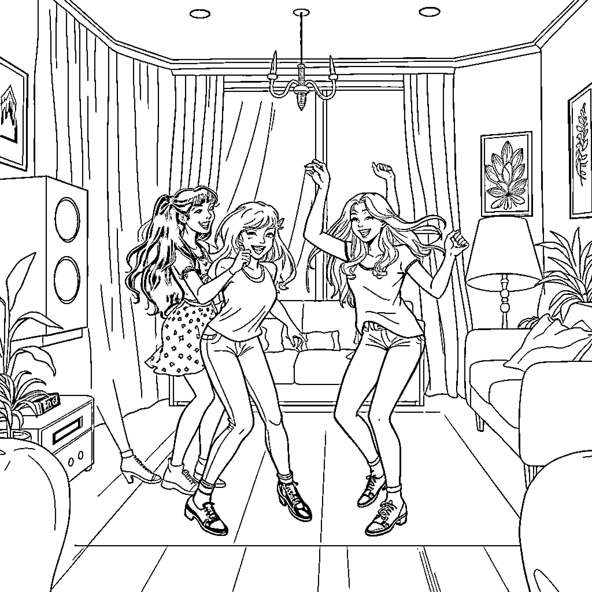 Girls having a fun dance party in the living room Coloring Page (free black-and-white line drawing printable PDF for all, from beginners to advanced learners, including children, teens, adults, and seniors)