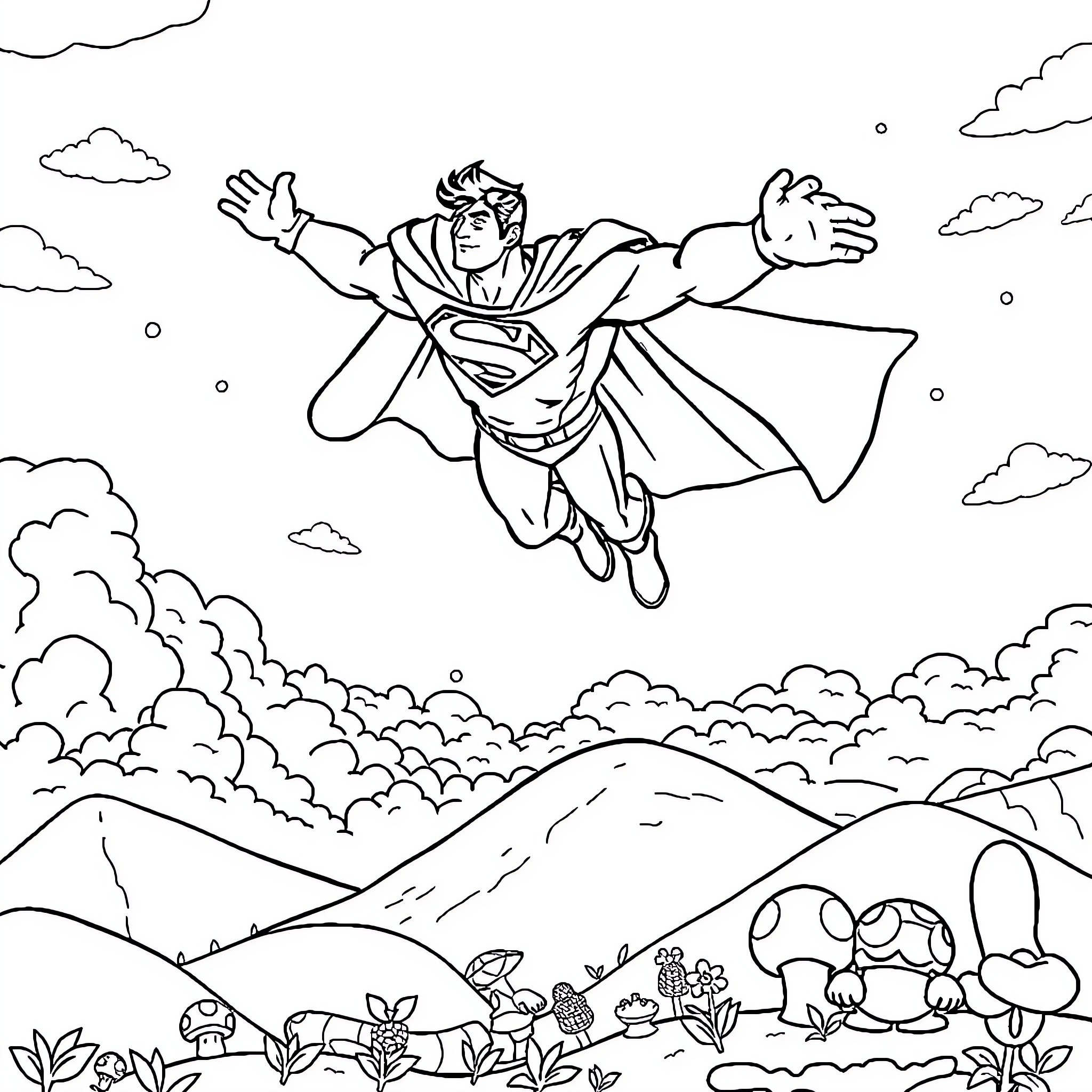 Superman soaring through the sky with outstretched arms Coloring Page (free black-and-white line drawing printable PDF for all, from beginners to advanced learners, including children, teens, adults, and seniors)
