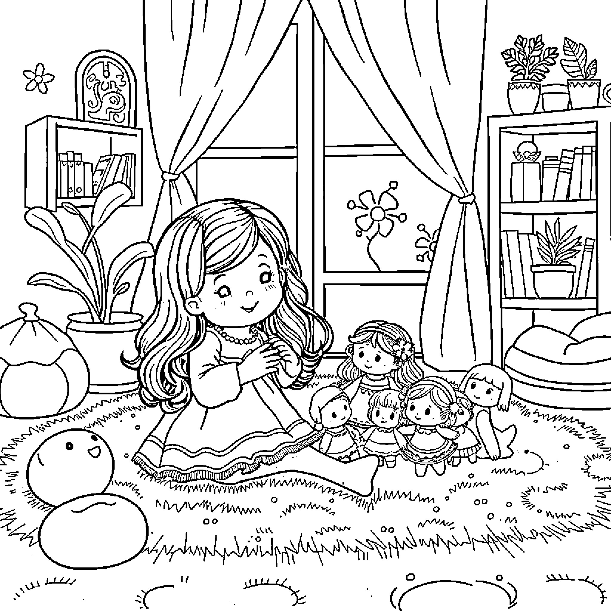 Rumi's Cozy Room with Dolls and Nature Coloring Page (free black-and-white line drawing printable PDF for all, from beginners to advanced learners, including children, teens, adults, and seniors)