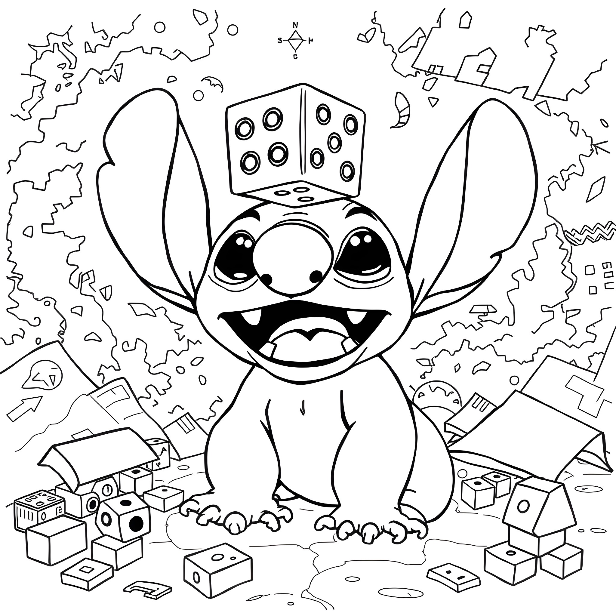 Stitch surrounded by toys and games Coloring Page (free black-and-white line drawing printable PDF for all, from beginners to advanced learners, including children, teens, adults, and seniors)