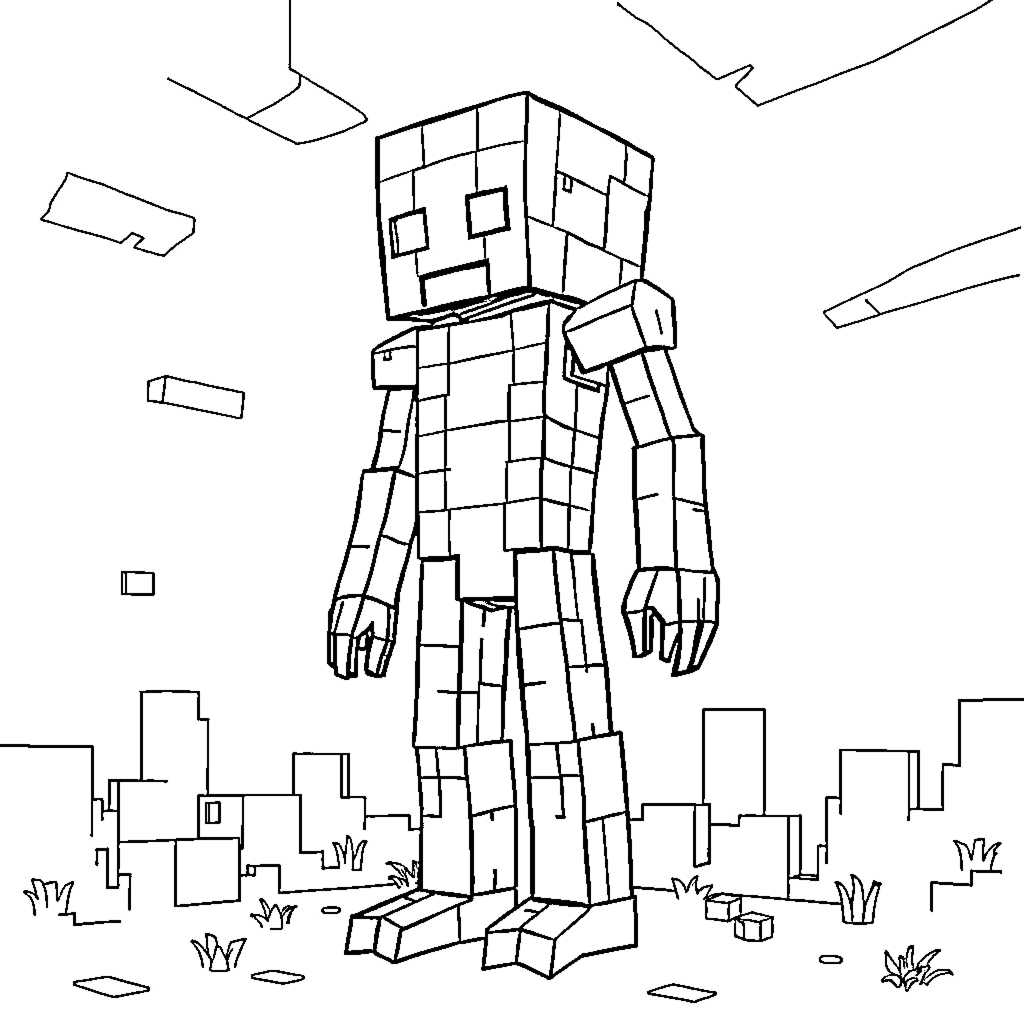 Enderman standing tall in a blocky urban landscape Coloring Page (free black-and-white line drawing printable PDF for all, from beginners to advanced learners, including children, teens, adults, and seniors)