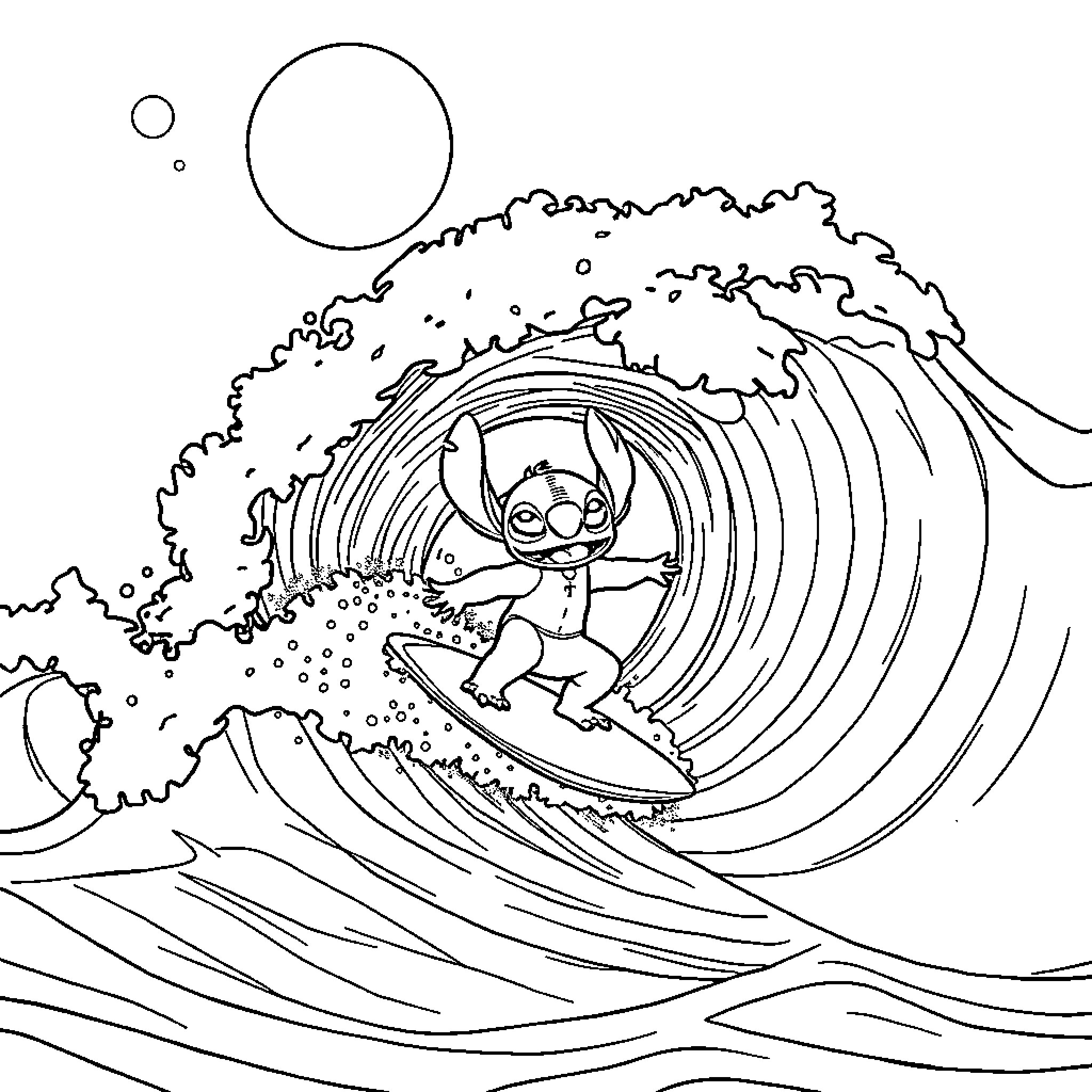 Stitch surfing on a giant wave Coloring Page (free black-and-white line drawing printable PDF for all, from beginners to advanced learners, including children, teens, adults, and seniors)