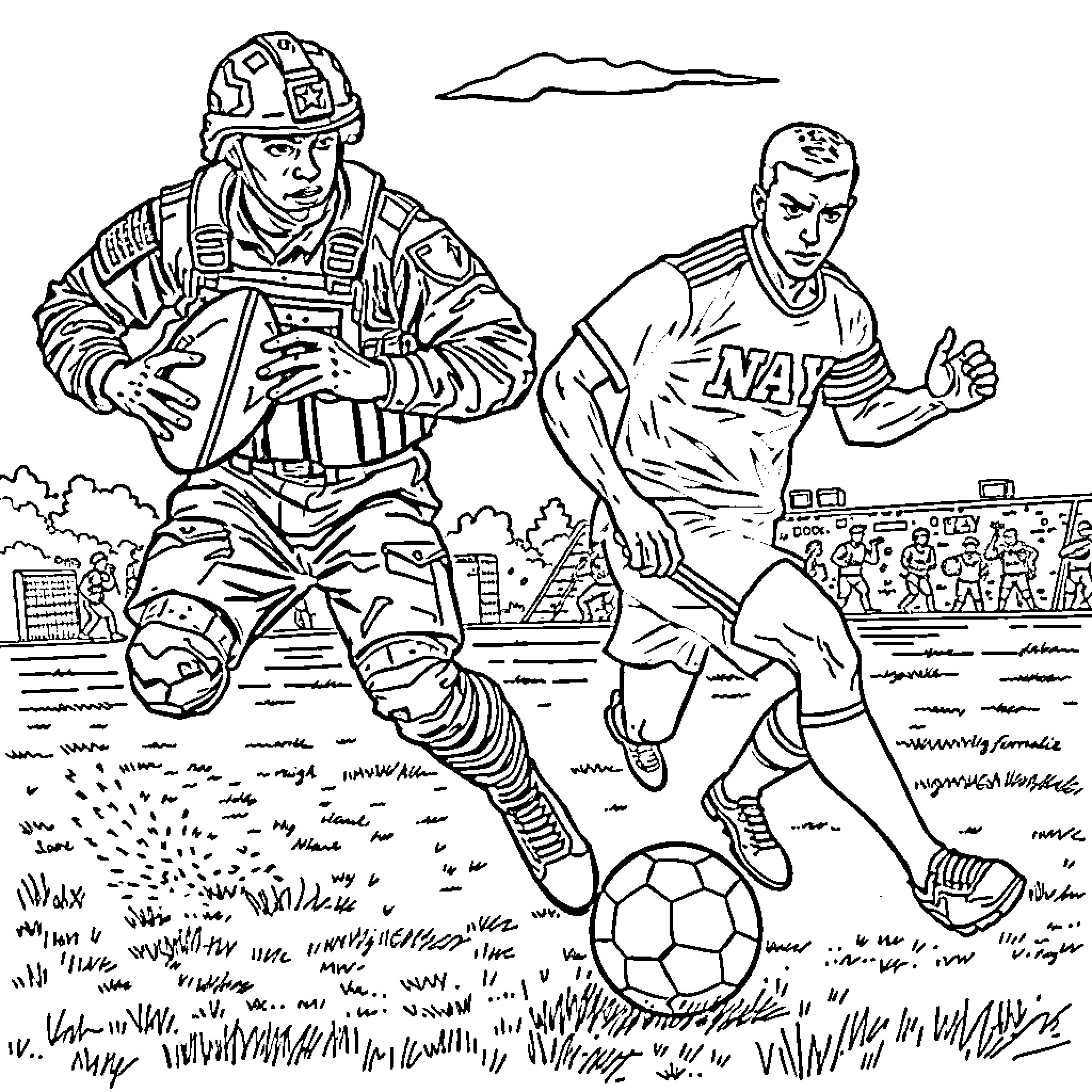 Soldier training for battle and player competing in soccer match Coloring Page (free black-and-white line drawing printable PDF for all, from beginners to advanced learners, including children, teens, adults, and seniors)