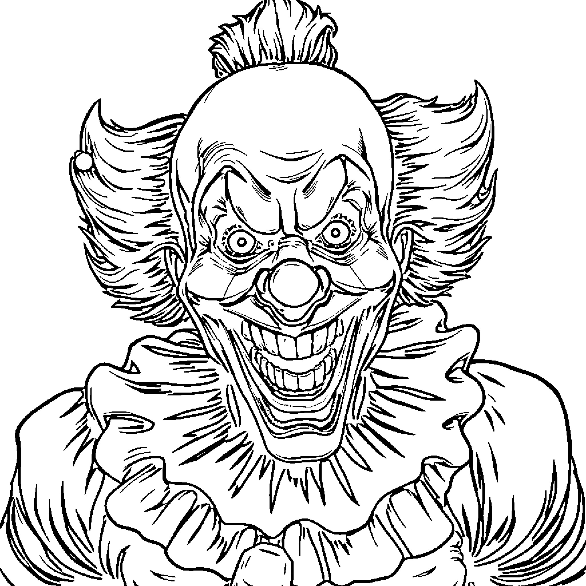 Clown with exaggerated features and expressions Coloring Page (free black-and-white line drawing printable PDF for all, from beginners to advanced learners, including children, teens, adults, and seniors)