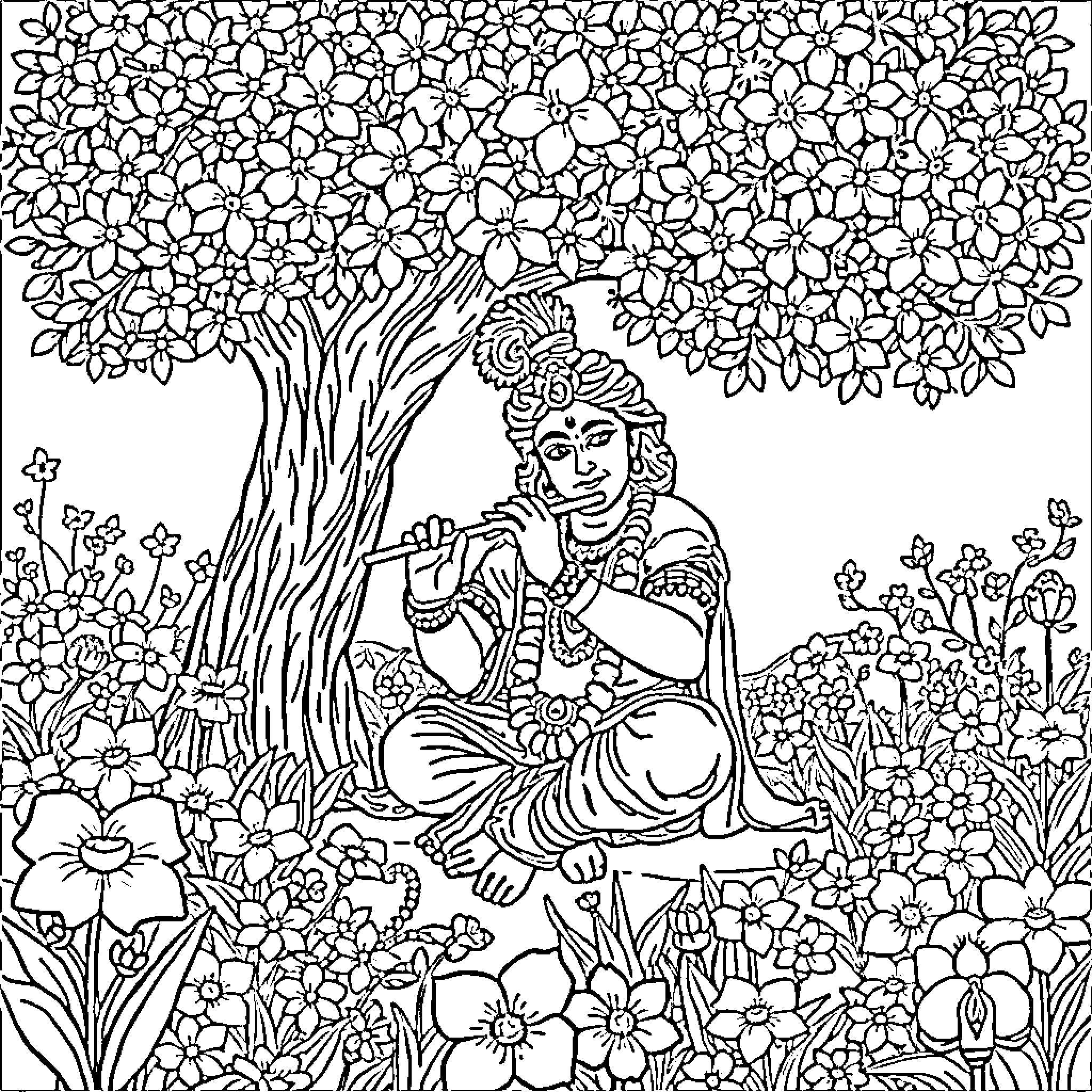 Krishna playing melodiously under the lush tree Coloring Page (free black-and-white line drawing printable PDF for all, from beginners to advanced learners, including children, teens, adults, and seniors)