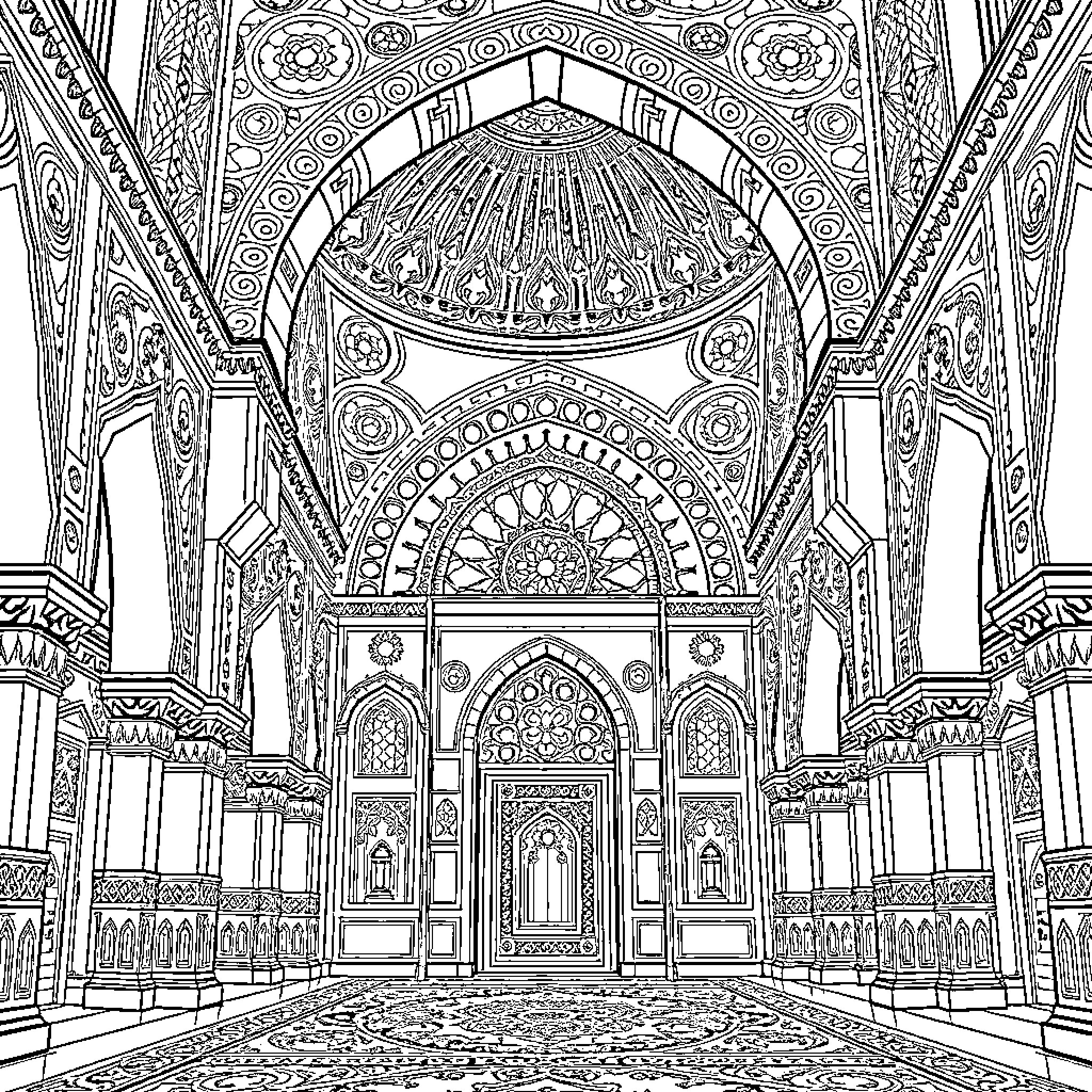 Islamic Architectural Splendor in Ornate Interior Coloring Page (free black-and-white line drawing printable PDF for all, from beginners to advanced learners, including children, teens, adults, and seniors)