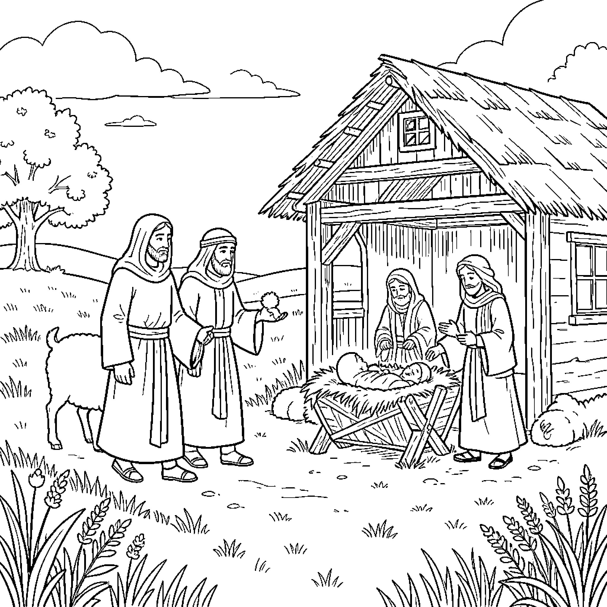 Shepherd approaching a baby in a manger Coloring Page (free black-and-white line drawing printable PDF for all, from beginners to advanced learners, including children, teens, adults, and seniors)