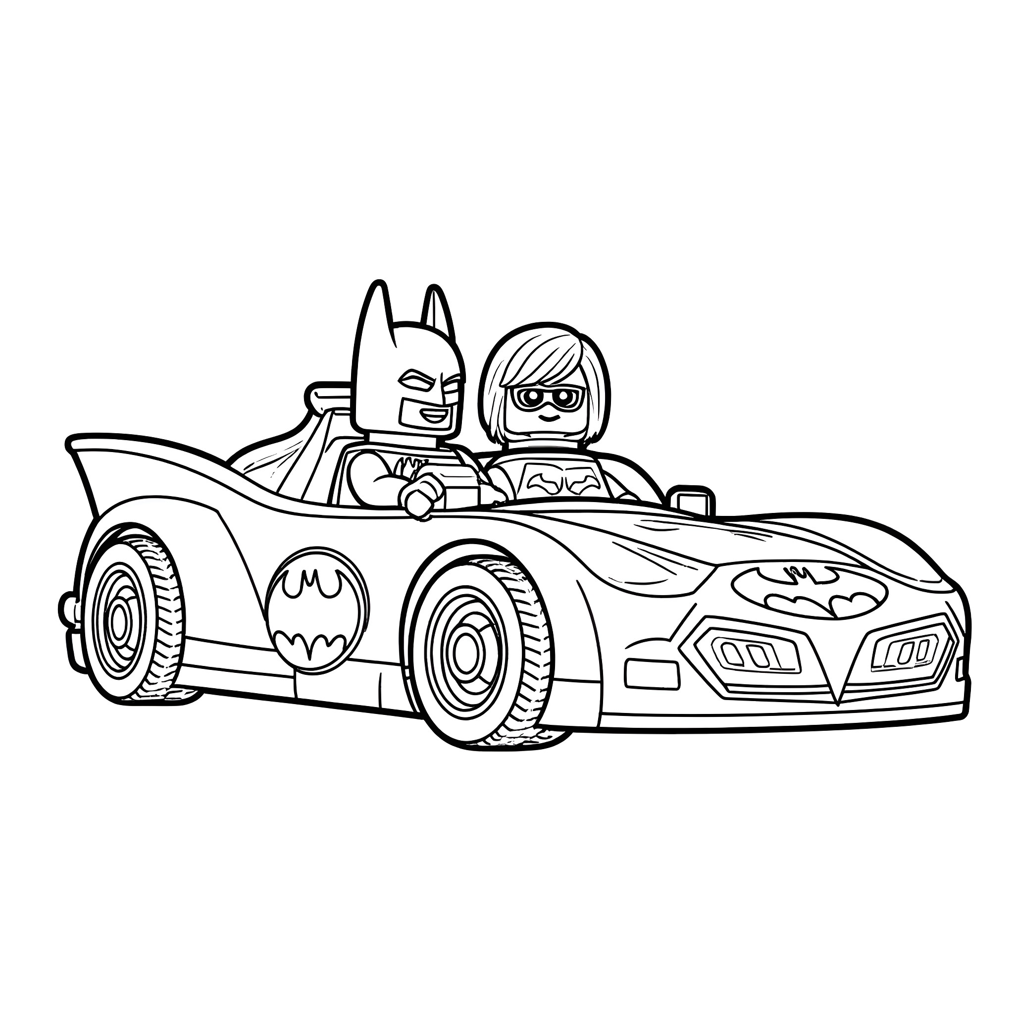 Lego Batman driving the Batmobile with Robin Coloring Page (free black-and-white line drawing printable PDF for all, from beginners to advanced learners, including children, teens, adults, and seniors)