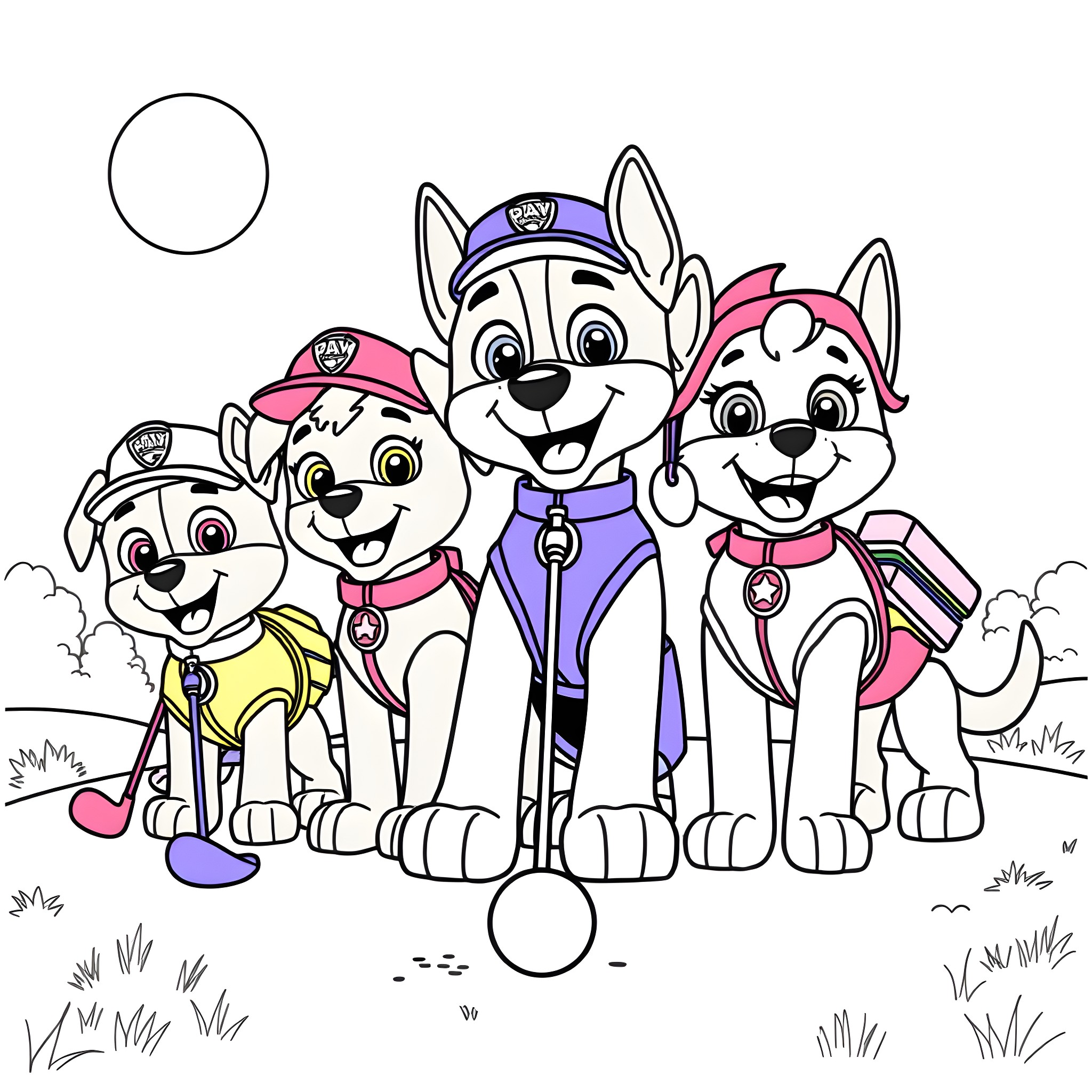 Paw Patrol pups in their uniforms on patrol Coloring Page (free black-and-white line drawing printable PDF for all, from beginners to advanced learners, including children, teens, adults, and seniors)