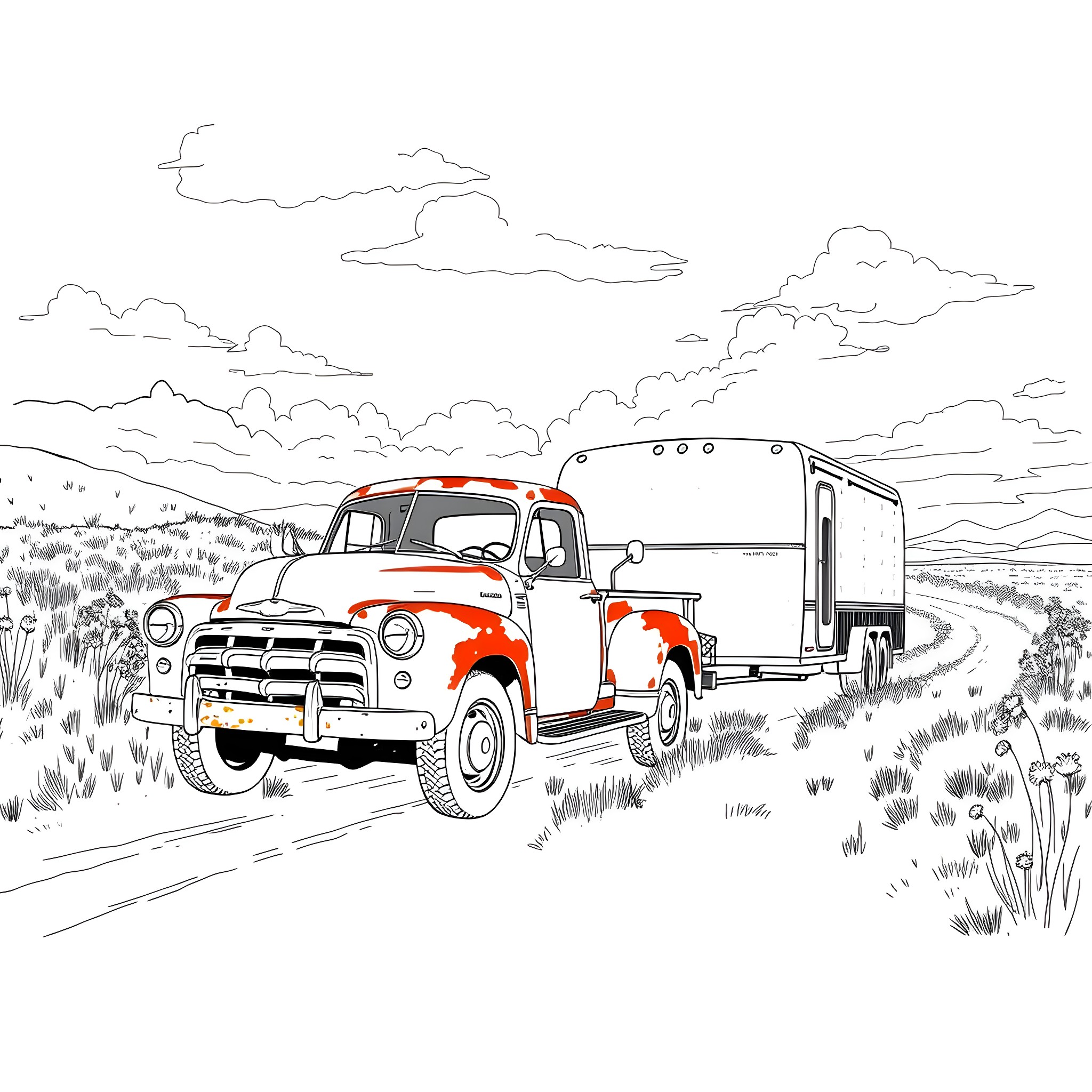 Pickup Truck Towing Trailer on Rural Road Coloring Page (free black-and-white line drawing printable PDF for all, from beginners to advanced learners, including children, teens, adults, and seniors)