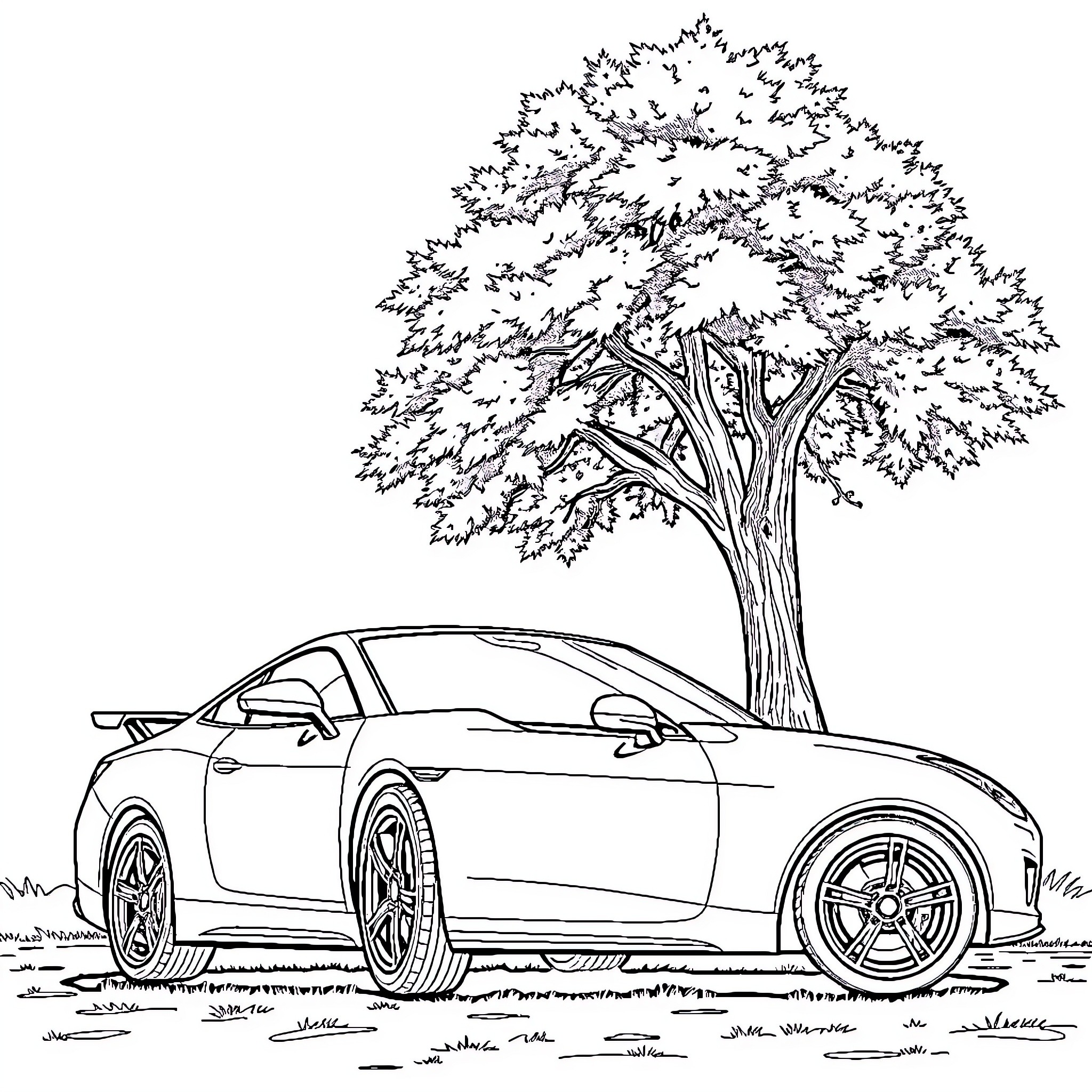 Car parked under tree in scenic outdoor setting Coloring Page (free black-and-white line drawing printable PDF for all, from beginners to advanced learners, including children, teens, adults, and seniors)